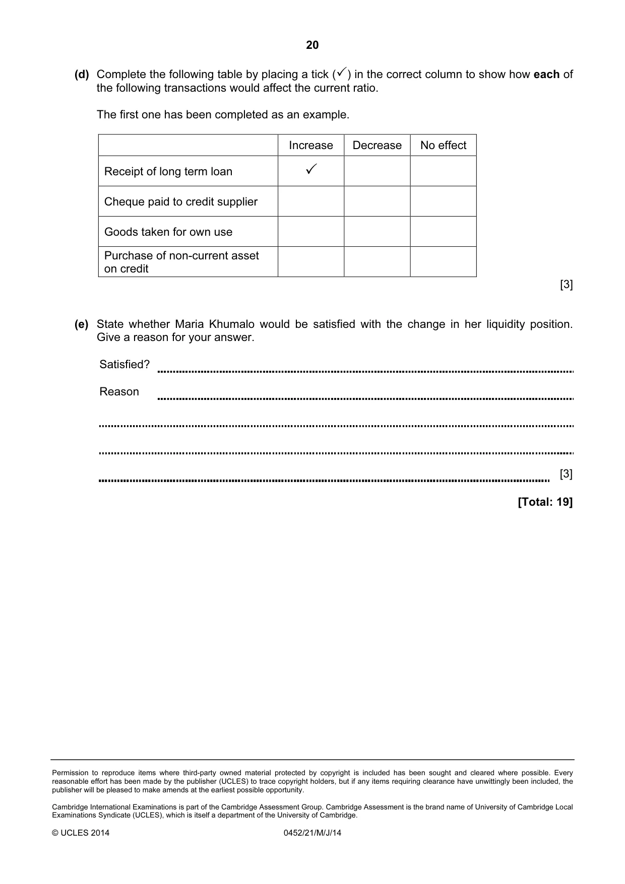 Cambridge IGCSE Accounting 0452 2014 May/June Paper 2 · Variant 1 question paper, page 20 of 20