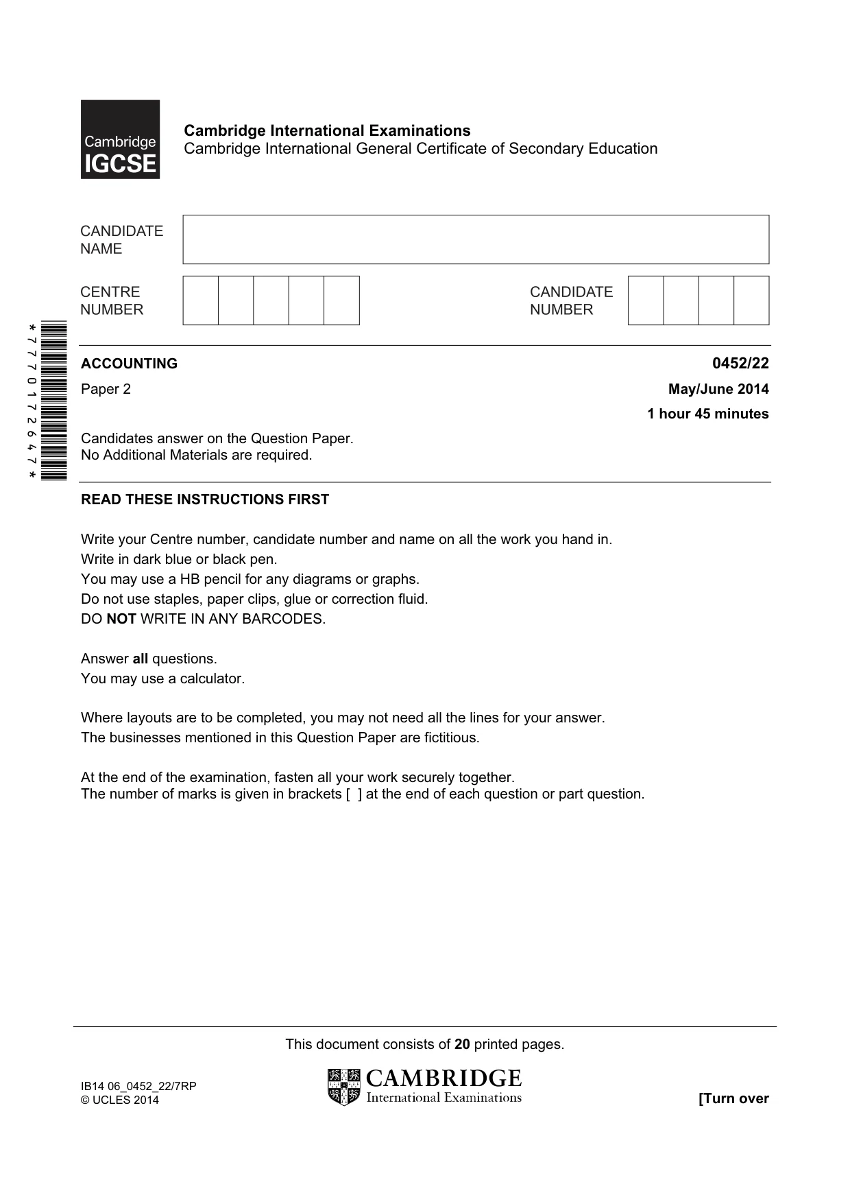 Cambridge IGCSE Accounting 0452 2014 May/June Paper 2 · Variant 2 question paper, page 1 of 20