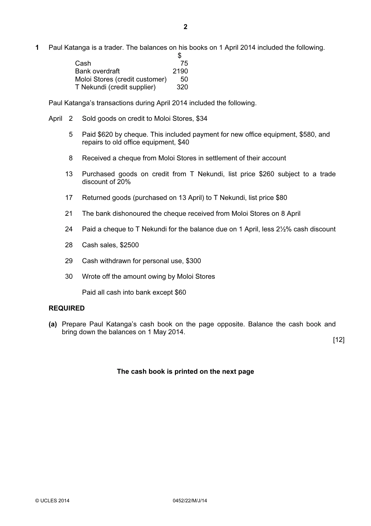 Cambridge IGCSE Accounting 0452 2014 May/June Paper 2 · Variant 2 question paper, page 2 of 20