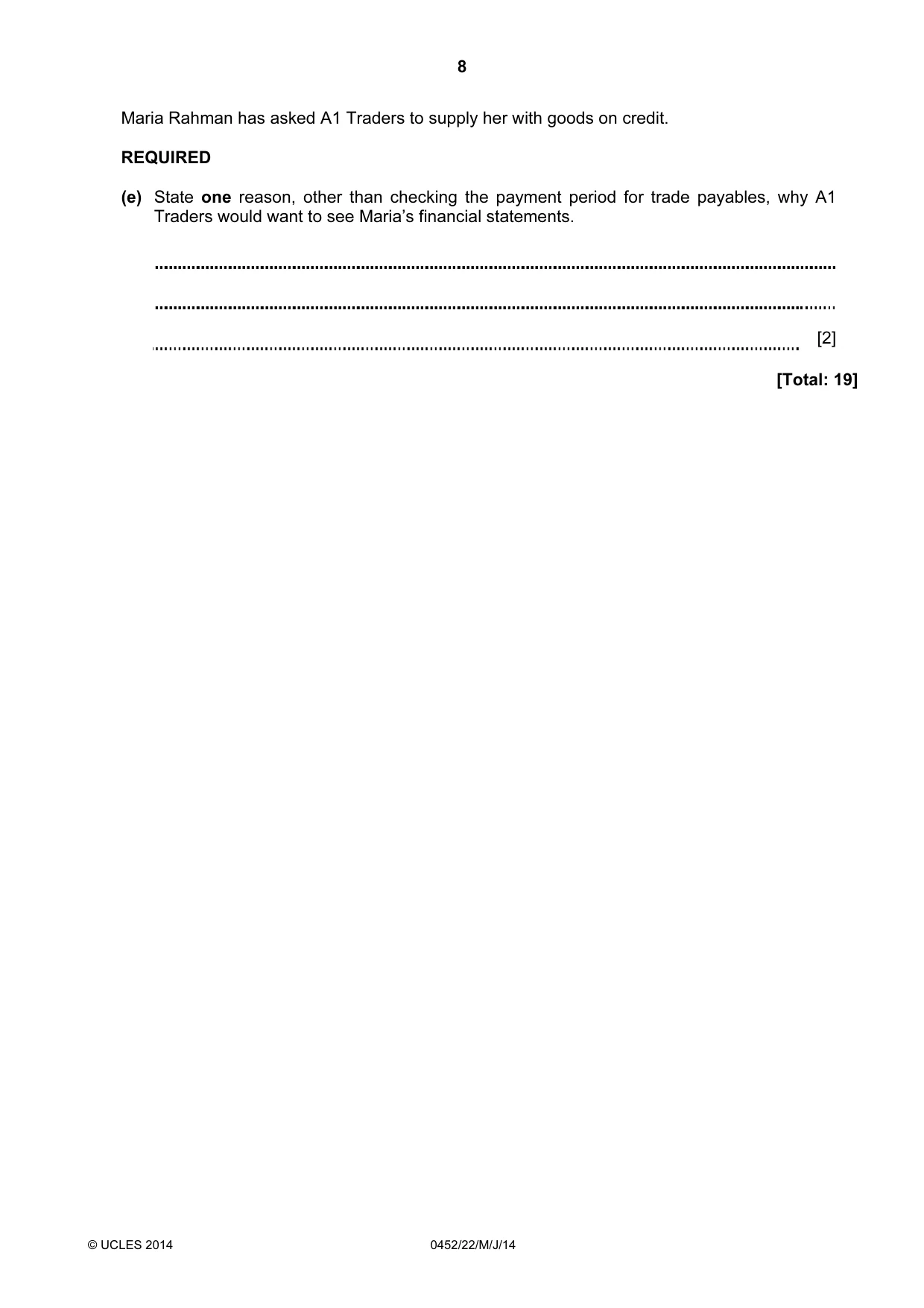 Cambridge IGCSE Accounting 0452 2014 May/June Paper 2 · Variant 2 question paper, page 8 of 20