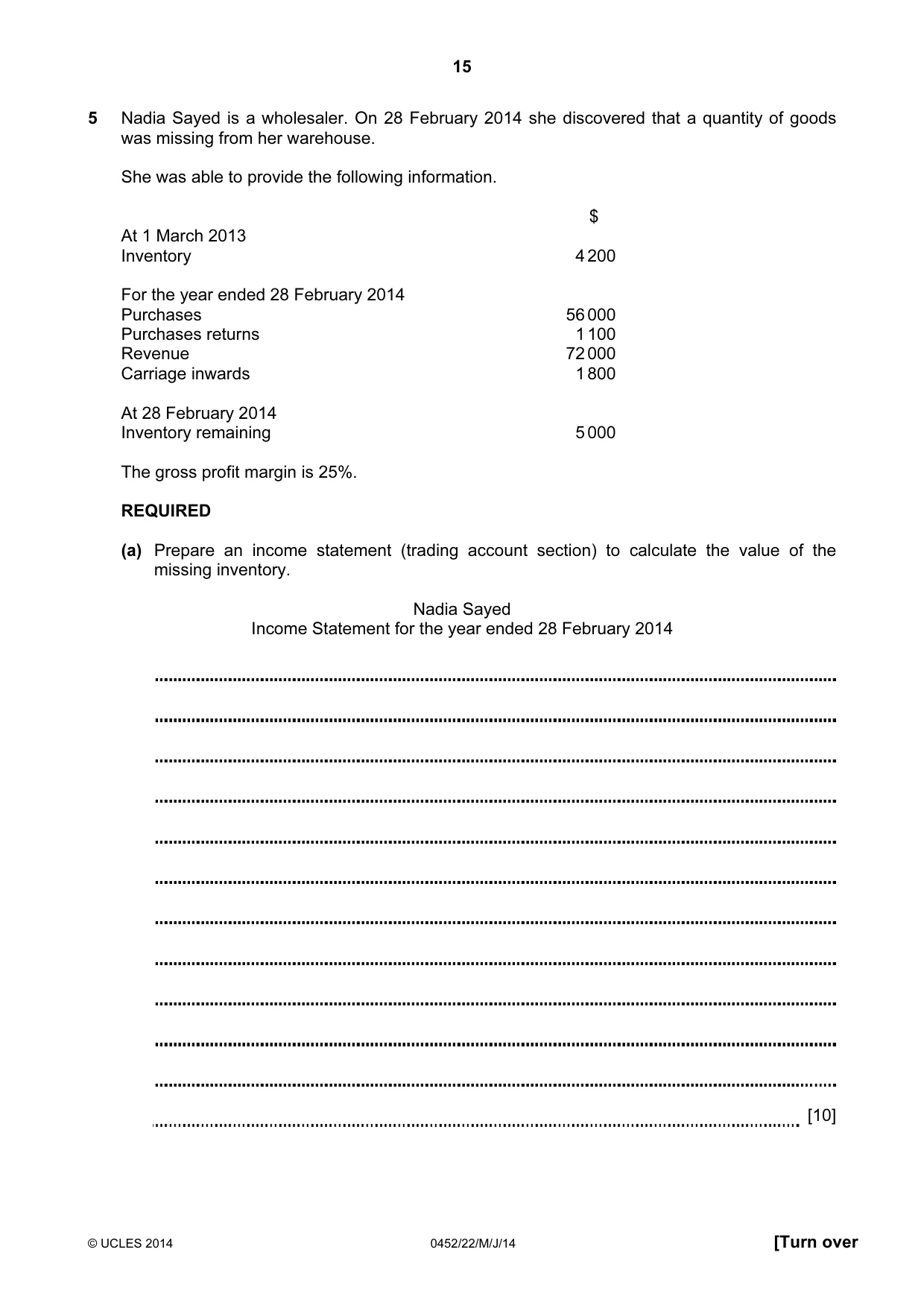 Cambridge IGCSE Accounting 0452 2014 May/June Paper 2 · Variant 2 question paper, page 15 of 20