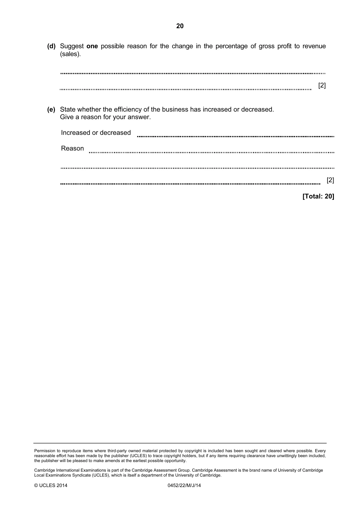 Cambridge IGCSE Accounting 0452 2014 May/June Paper 2 · Variant 2 question paper, page 20 of 20