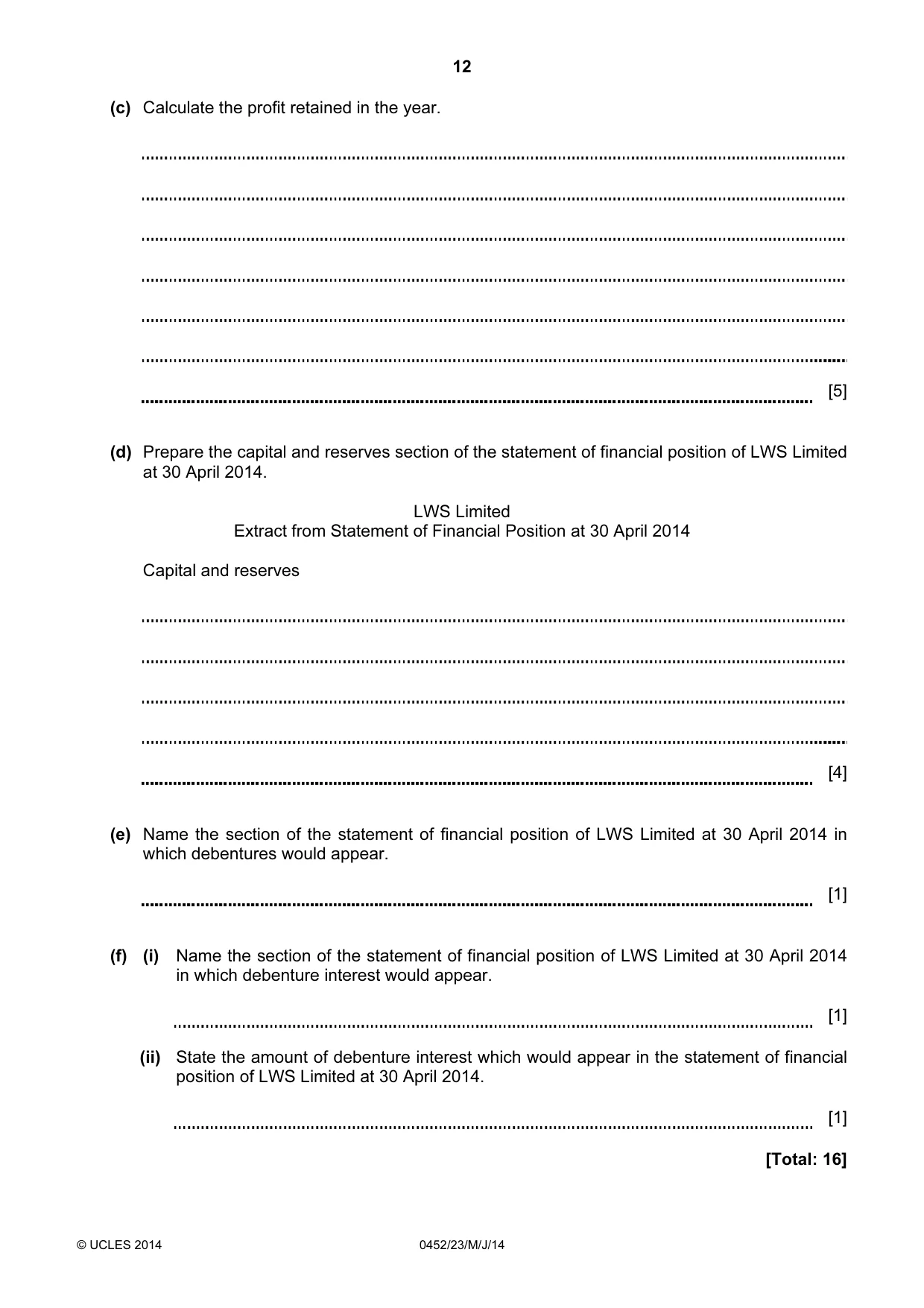 Cambridge IGCSE Accounting 0452 2014 May/June Paper 2 · Variant 3 question paper, page 12 of 20