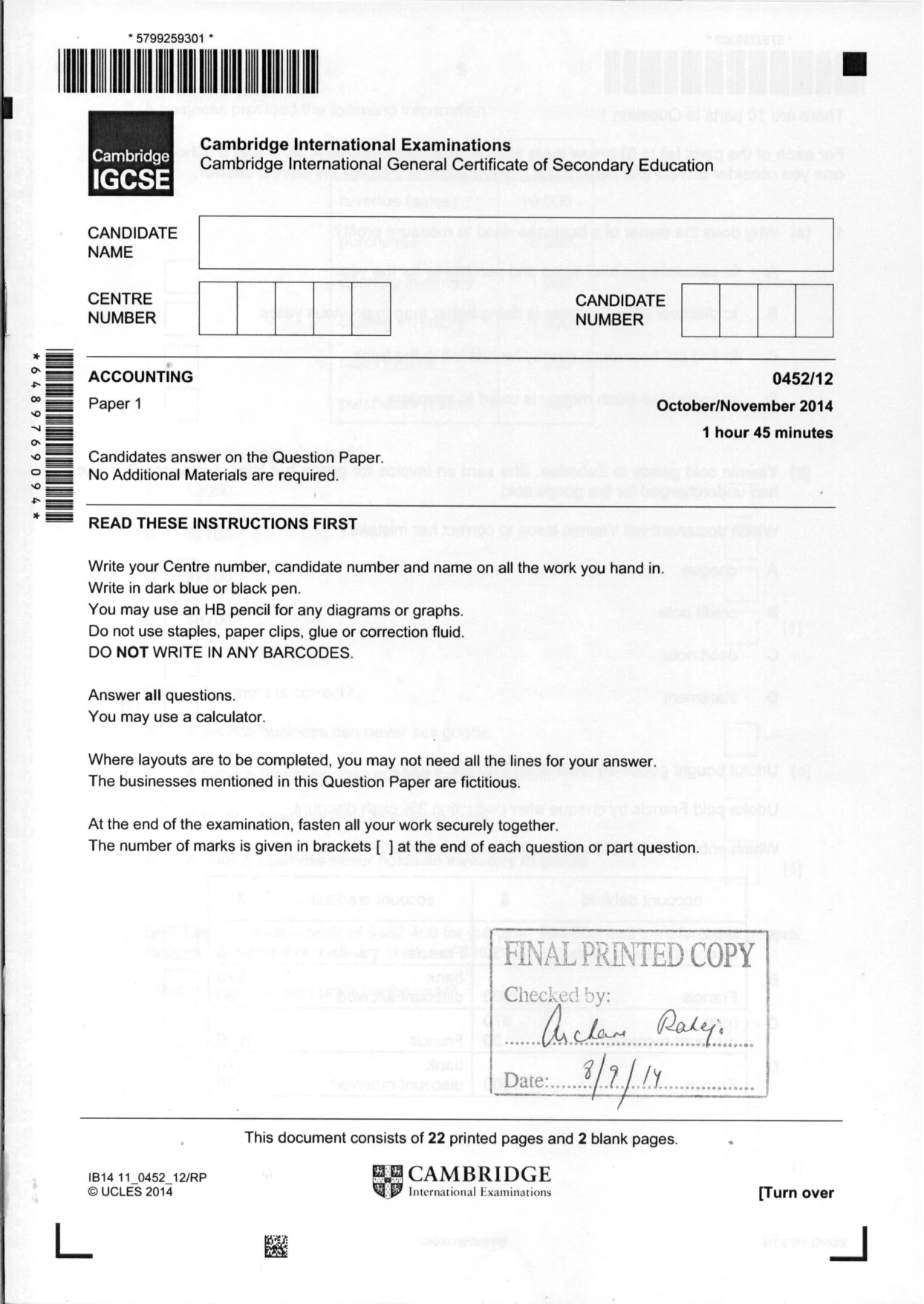 Cambridge IGCSE Accounting 0452 2014 Oct/Nov Paper 1 · Variant 2 question paper, page 25 of 25