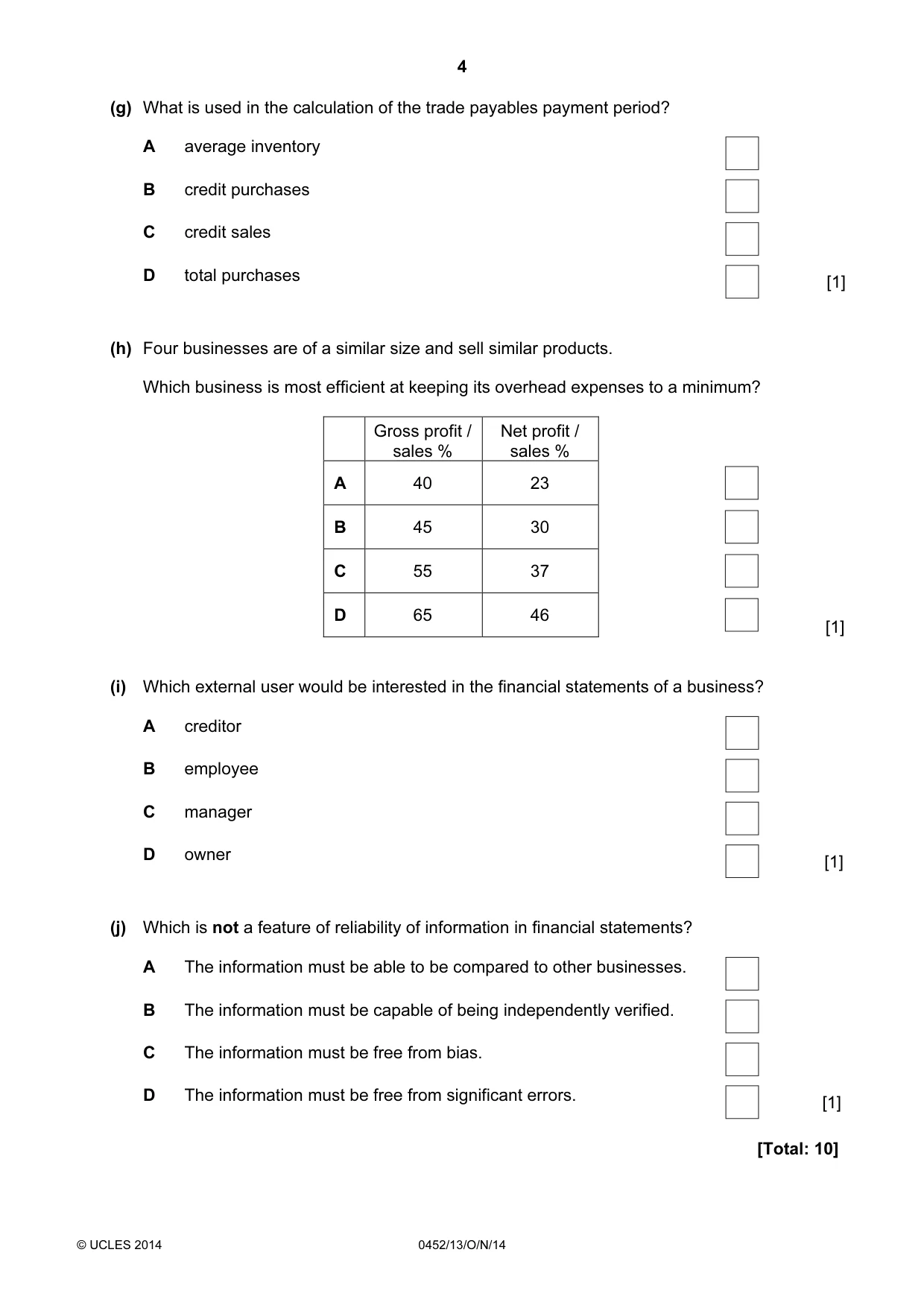 Cambridge IGCSE Accounting 0452 2014 Oct/Nov Paper 1 · Variant 3 question paper, page 4 of 20