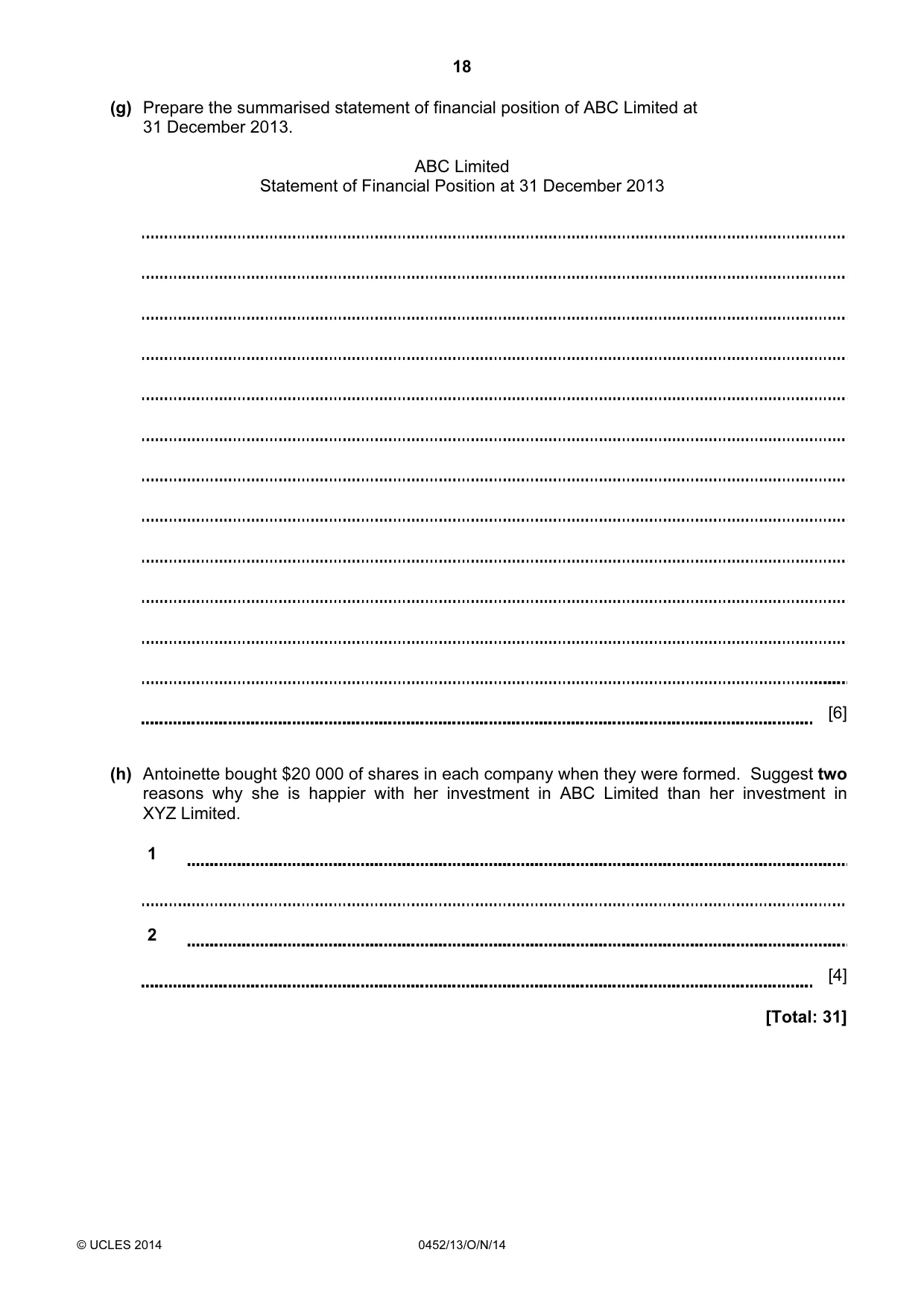 Cambridge IGCSE Accounting 0452 2014 Oct/Nov Paper 1 · Variant 3 question paper, page 18 of 20