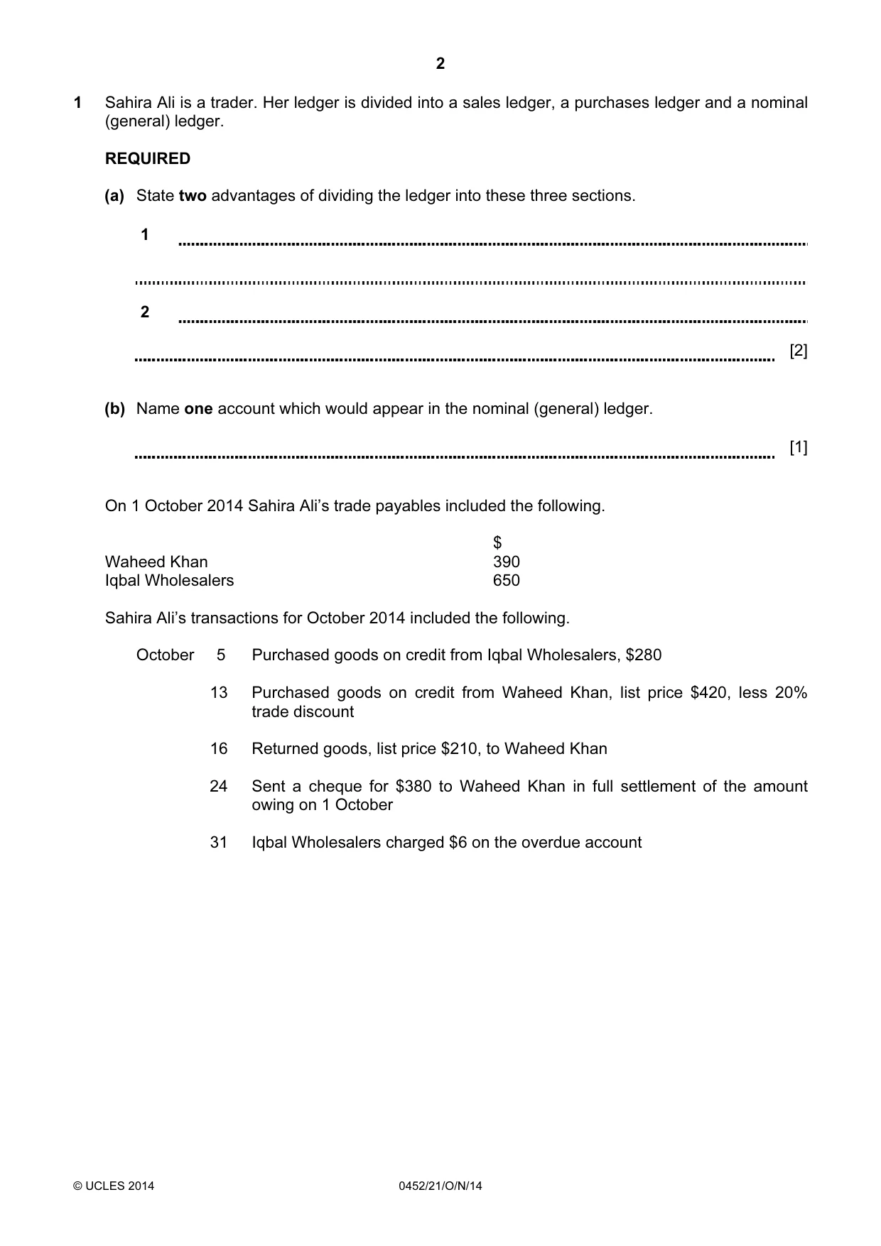 Cambridge IGCSE Accounting 0452 2014 Oct/Nov Paper 2 · Variant 1 question paper, page 2 of 20