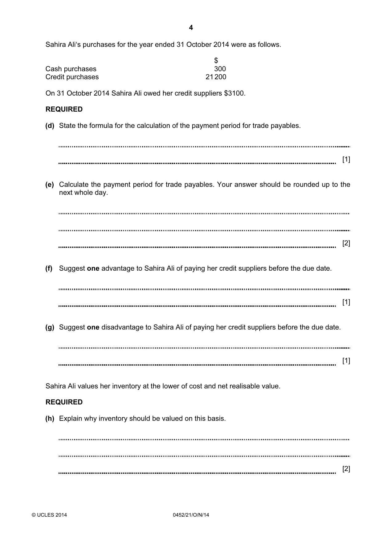 Cambridge IGCSE Accounting 0452 2014 Oct/Nov Paper 2 · Variant 1 question paper, page 4 of 20