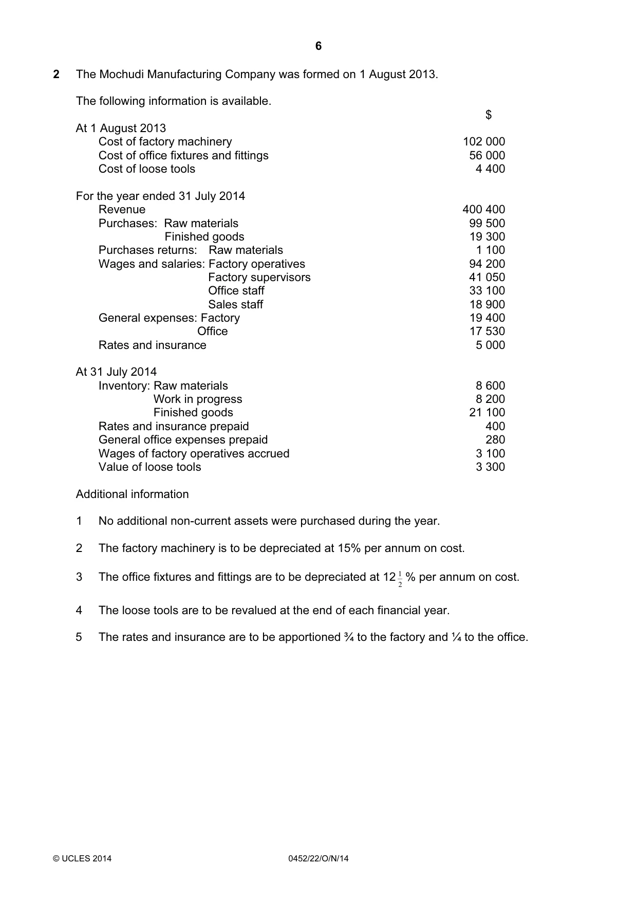 Cambridge IGCSE Accounting 0452 2014 Oct/Nov Paper 2 · Variant 2 question paper, page 6 of 20