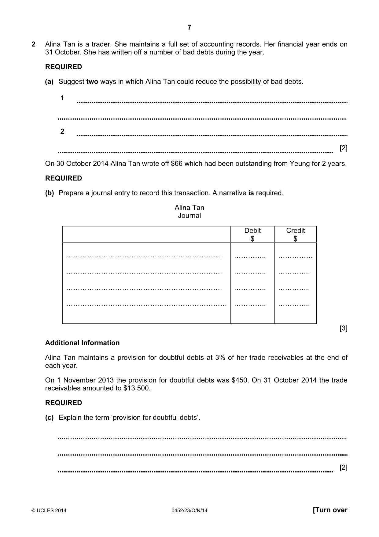 Cambridge IGCSE Accounting 0452 2014 Oct/Nov Paper 2 · Variant 3 question paper, page 7 of 20