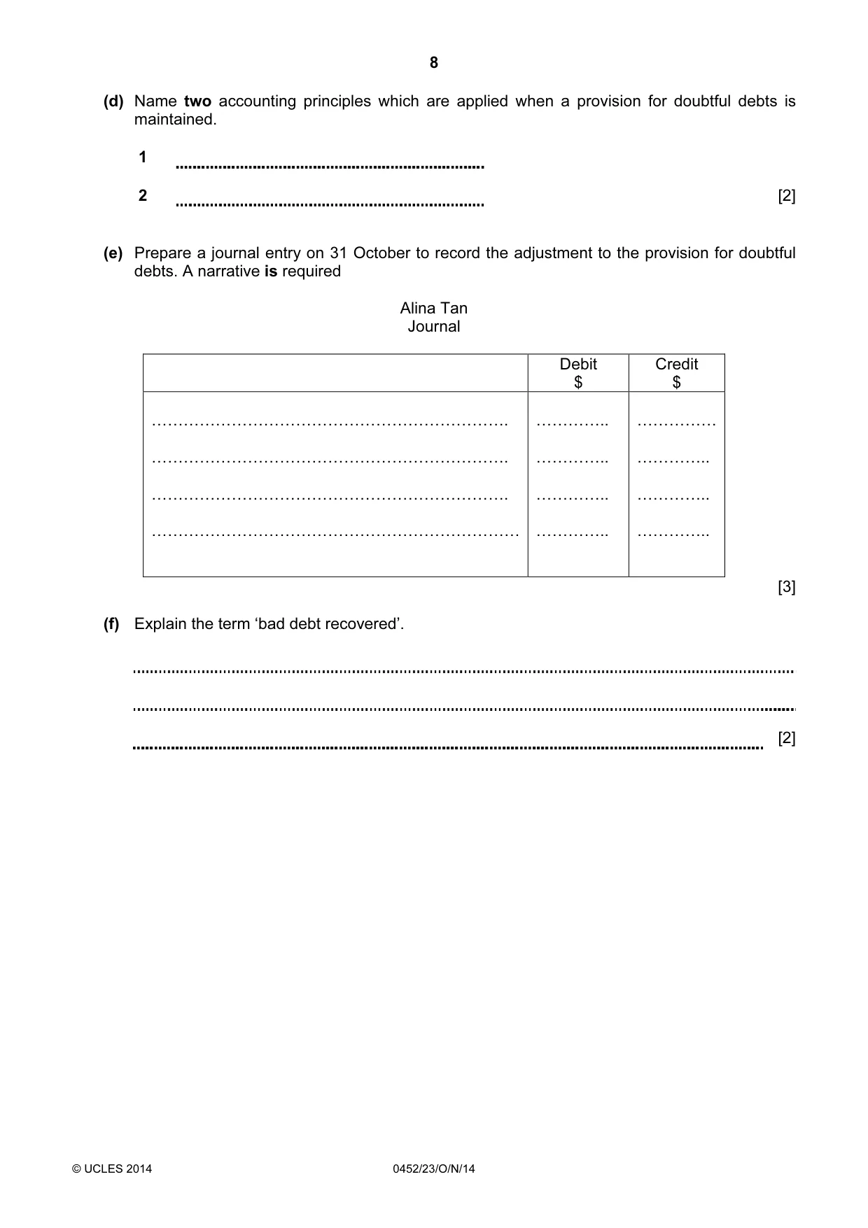 Cambridge IGCSE Accounting 0452 2014 Oct/Nov Paper 2 · Variant 3 question paper, page 8 of 20