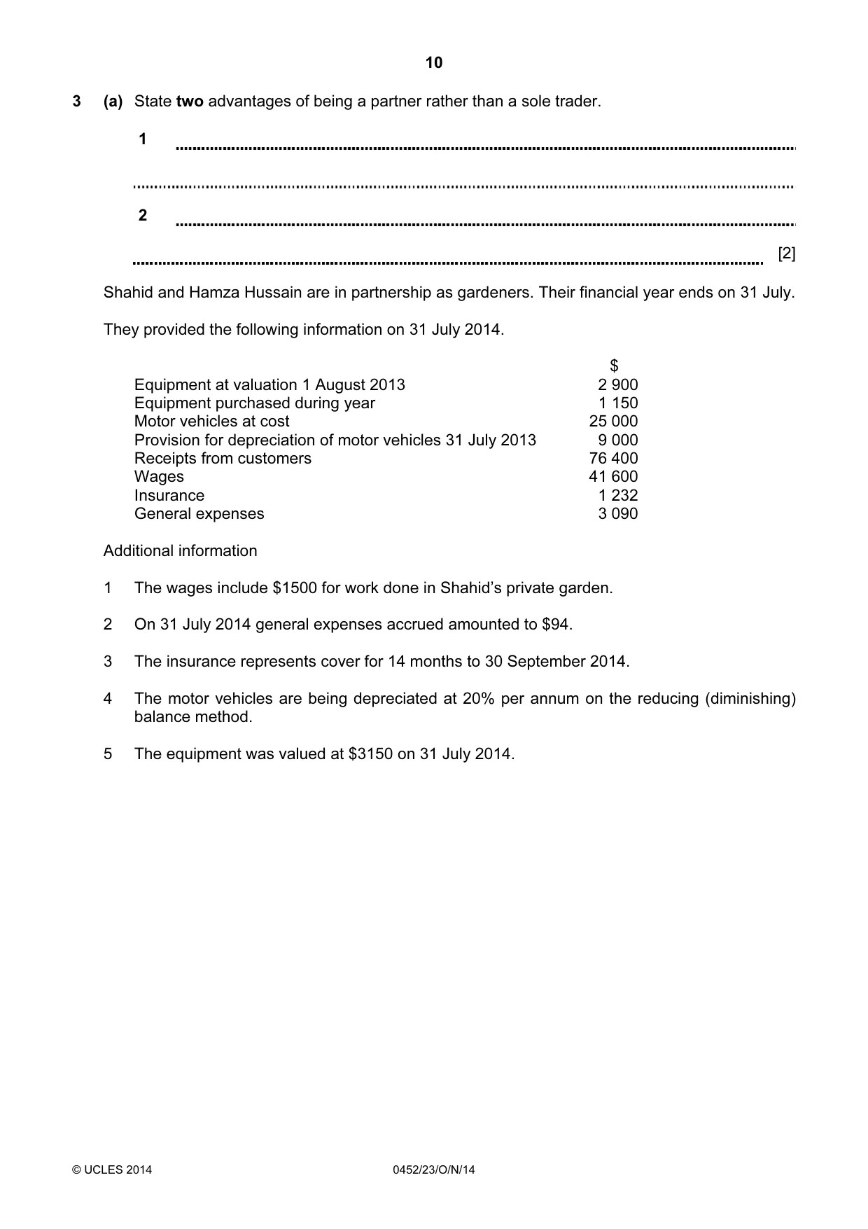 Cambridge IGCSE Accounting 0452 2014 Oct/Nov Paper 2 · Variant 3 question paper, page 10 of 20