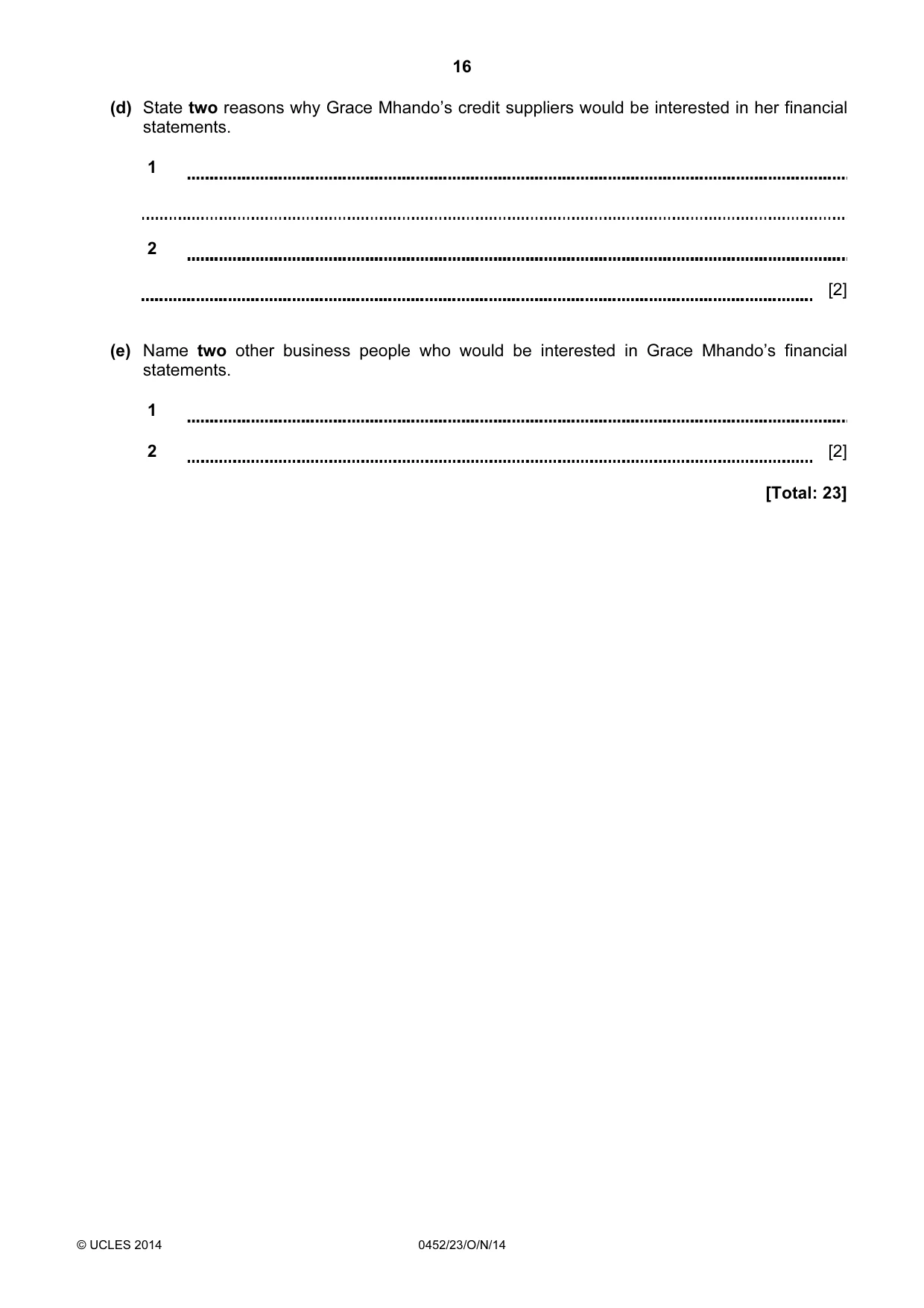 Cambridge IGCSE Accounting 0452 2014 Oct/Nov Paper 2 · Variant 3 question paper, page 16 of 20