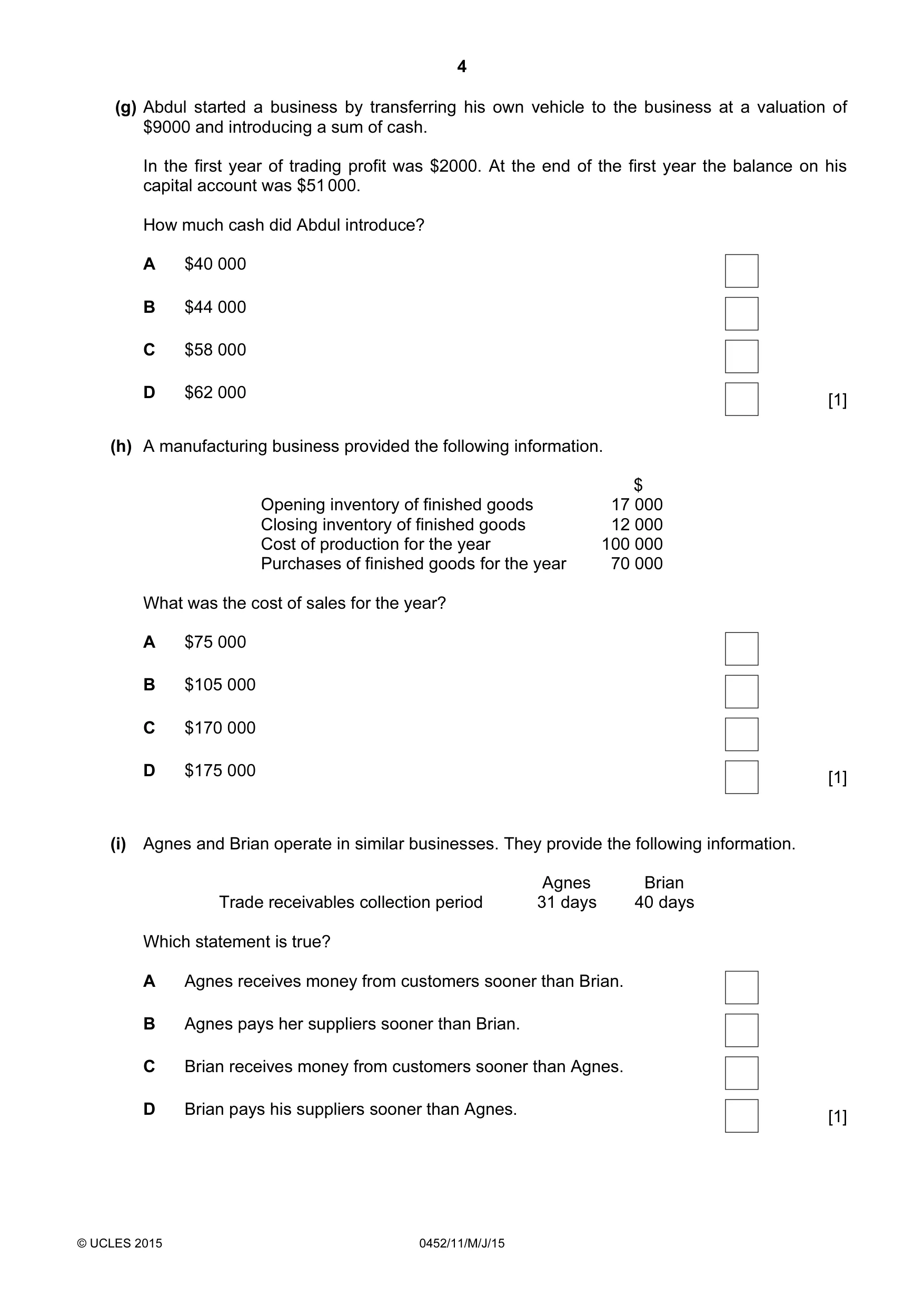 Cambridge IGCSE Accounting 0452 2015 May/June Paper 1 · Variant 1 question paper, page 4 of 24