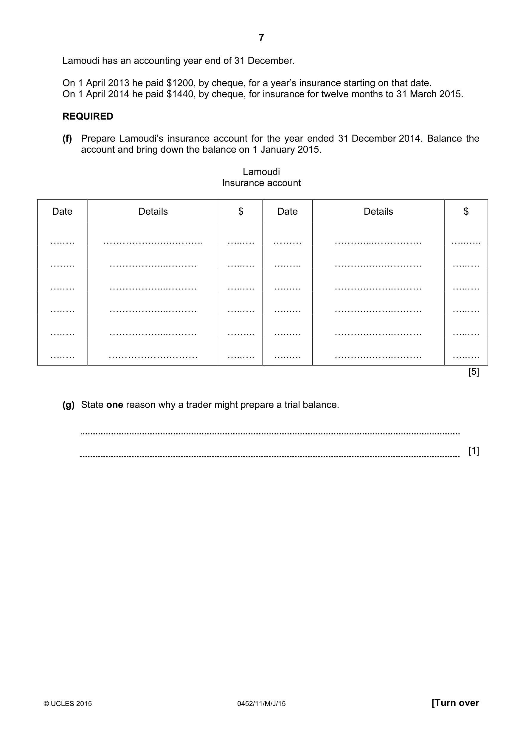 Cambridge IGCSE Accounting 0452 2015 May/June Paper 1 · Variant 1 question paper, page 7 of 24