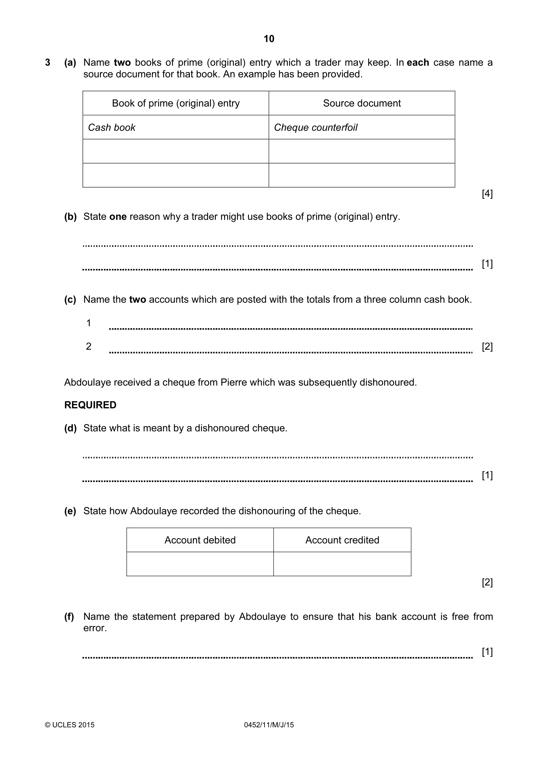 Cambridge IGCSE Accounting 0452 2015 May/June Paper 1 · Variant 1 question paper, page 10 of 24