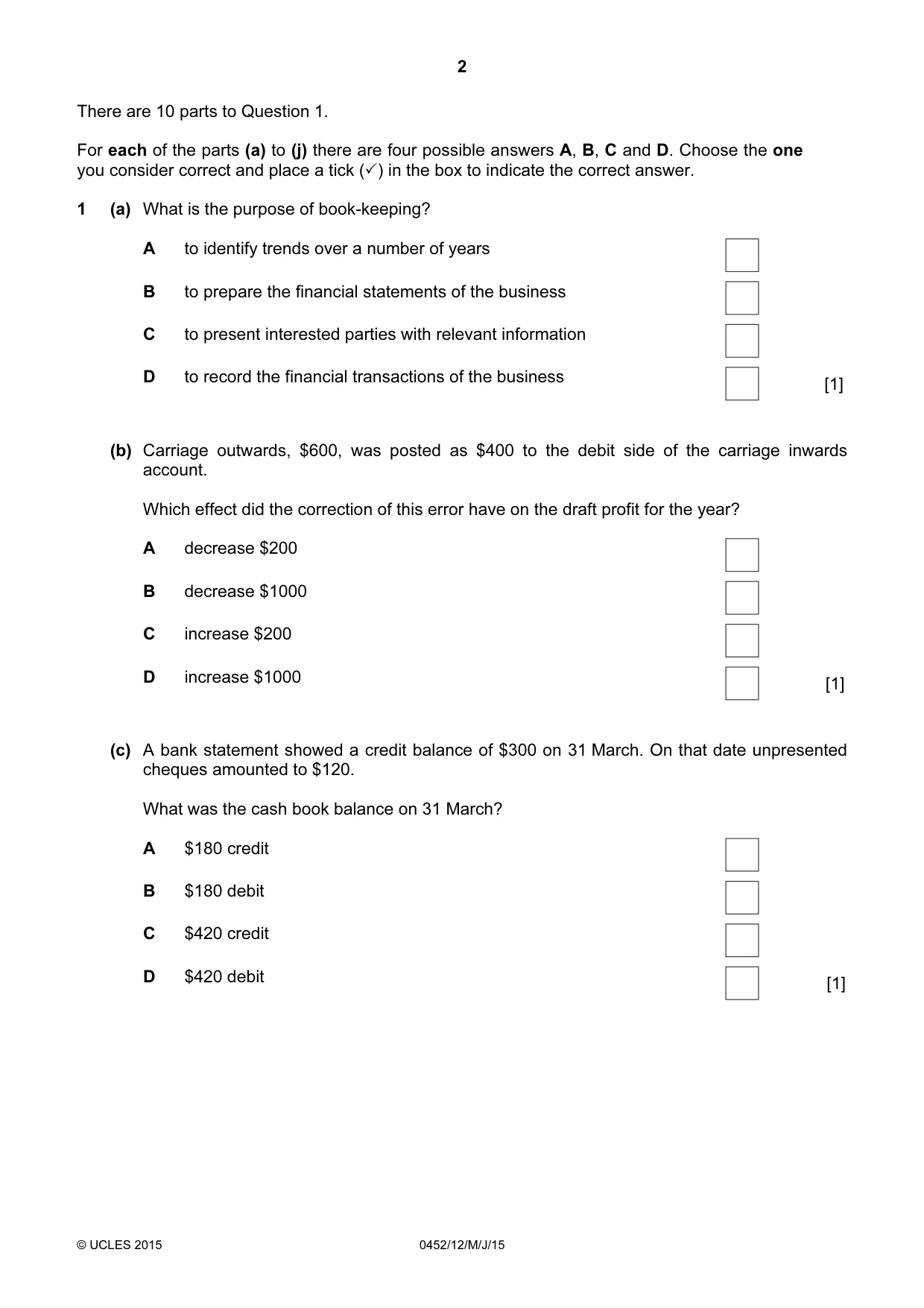 Cambridge IGCSE Accounting 0452 2015 May/June Paper 1 · Variant 2 question paper, page 2 of 20