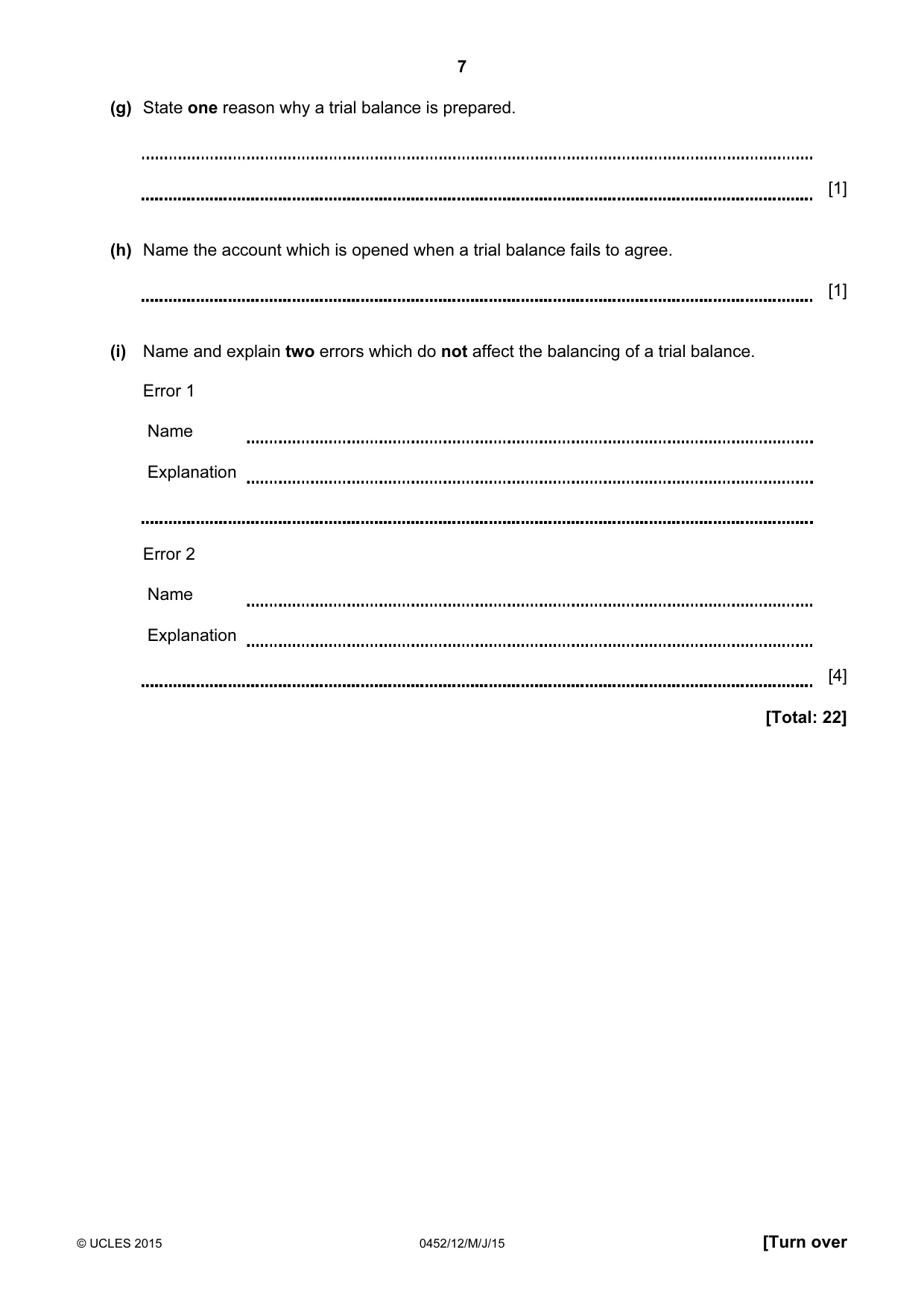 Cambridge IGCSE Accounting 0452 2015 May/June Paper 1 · Variant 2 question paper, page 7 of 20
