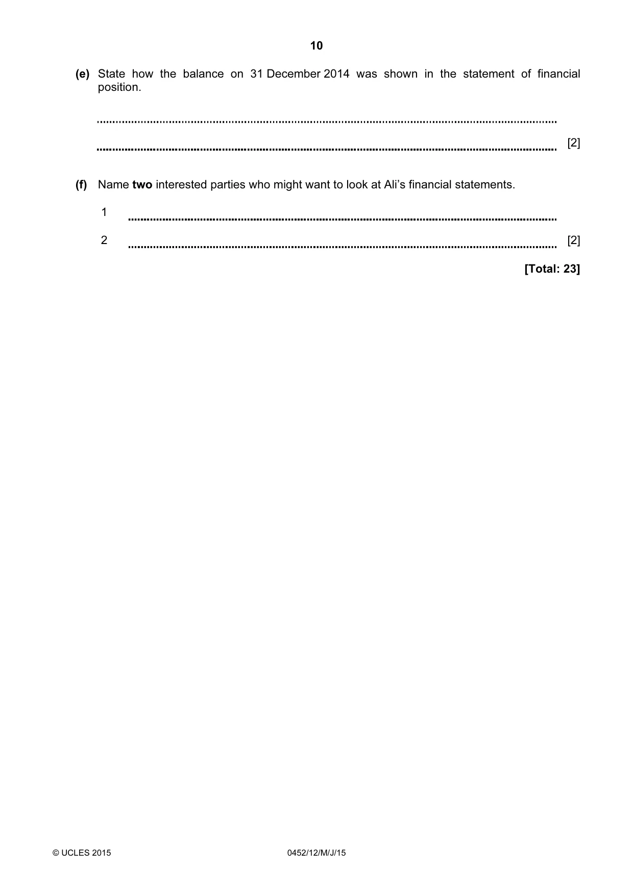 Cambridge IGCSE Accounting 0452 2015 May/June Paper 1 · Variant 2 question paper, page 10 of 20