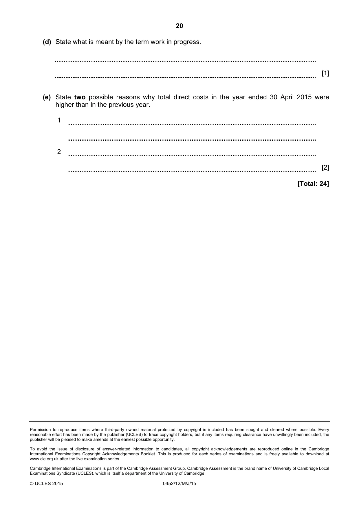 Cambridge IGCSE Accounting 0452 2015 May/June Paper 1 · Variant 2 question paper, page 20 of 20