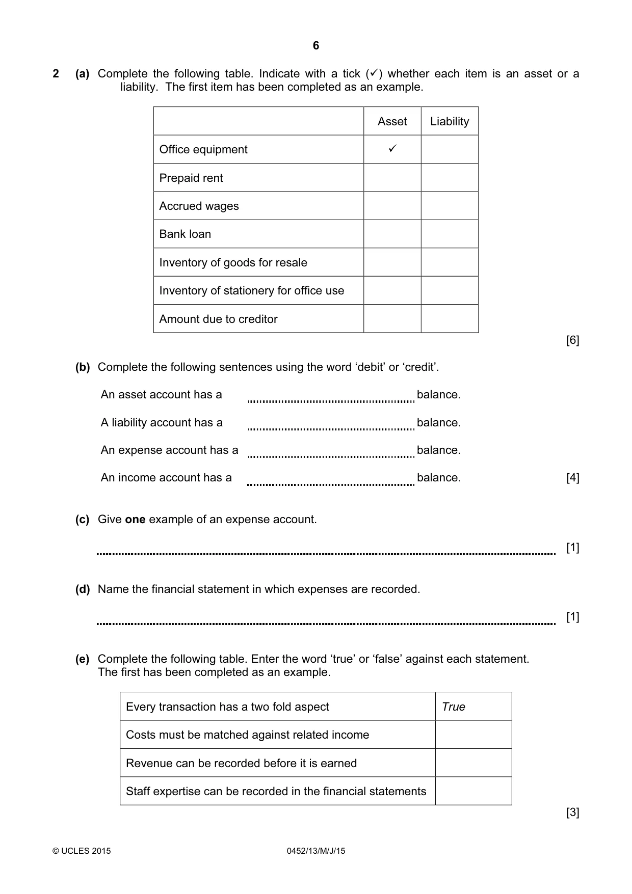 Cambridge IGCSE Accounting 0452 2015 May/June Paper 1 · Variant 3 question paper, page 6 of 24