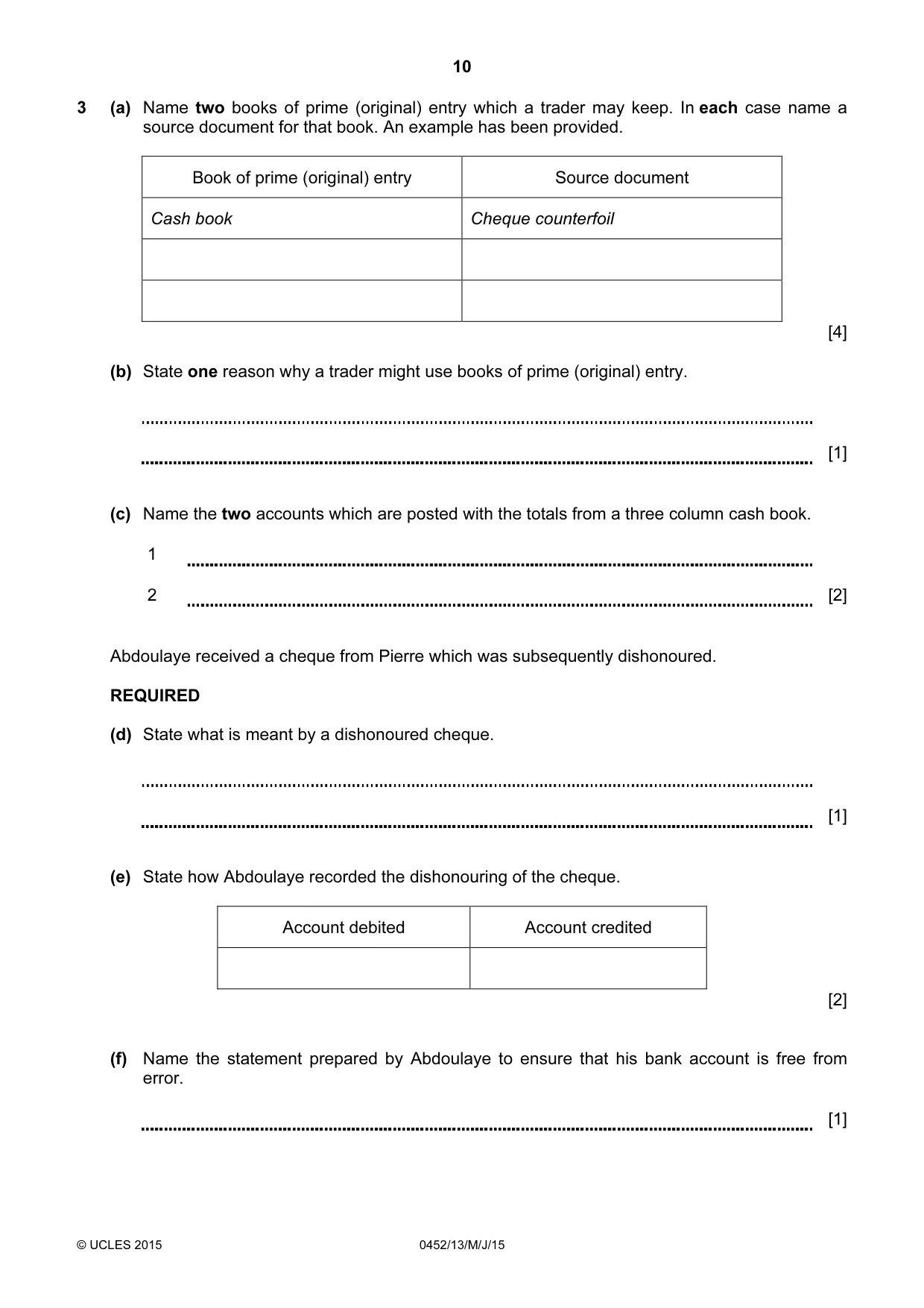 Cambridge IGCSE Accounting 0452 2015 May/June Paper 1 · Variant 3 question paper, page 10 of 24