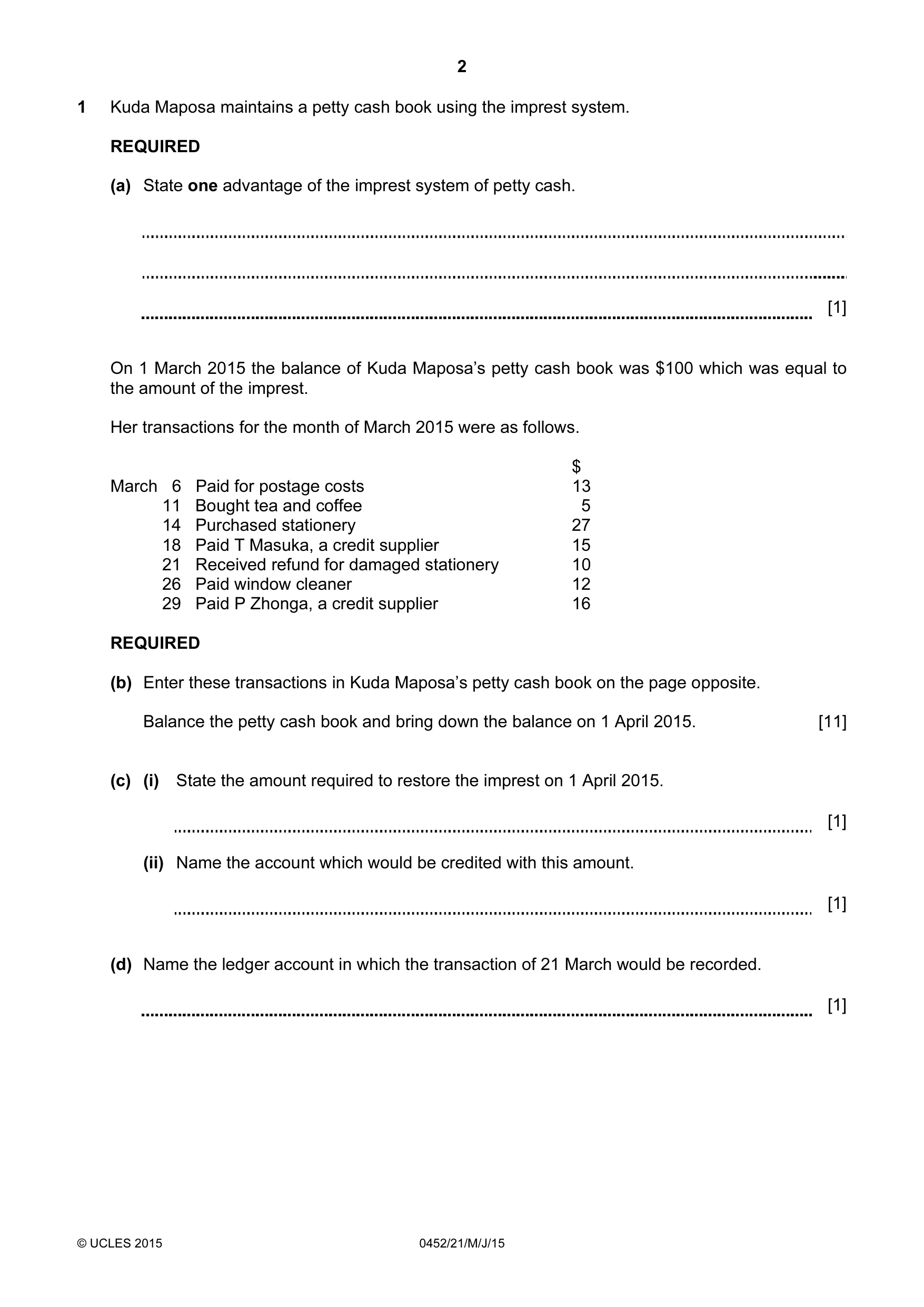 Cambridge IGCSE Accounting 0452 2015 May/June Paper 2 · Variant 1 question paper, page 2 of 20