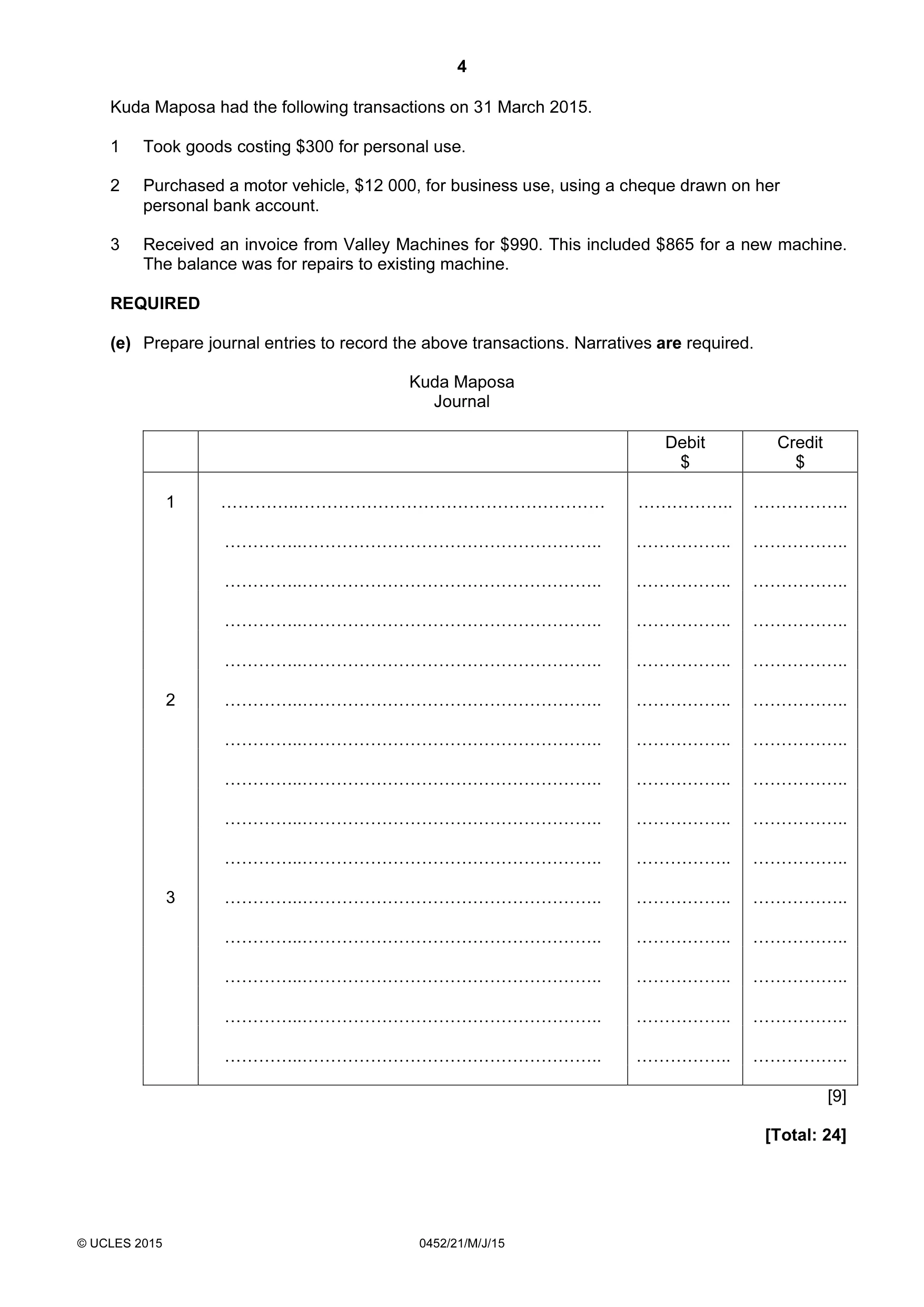 Cambridge IGCSE Accounting 0452 2015 May/June Paper 2 · Variant 1 question paper, page 4 of 20