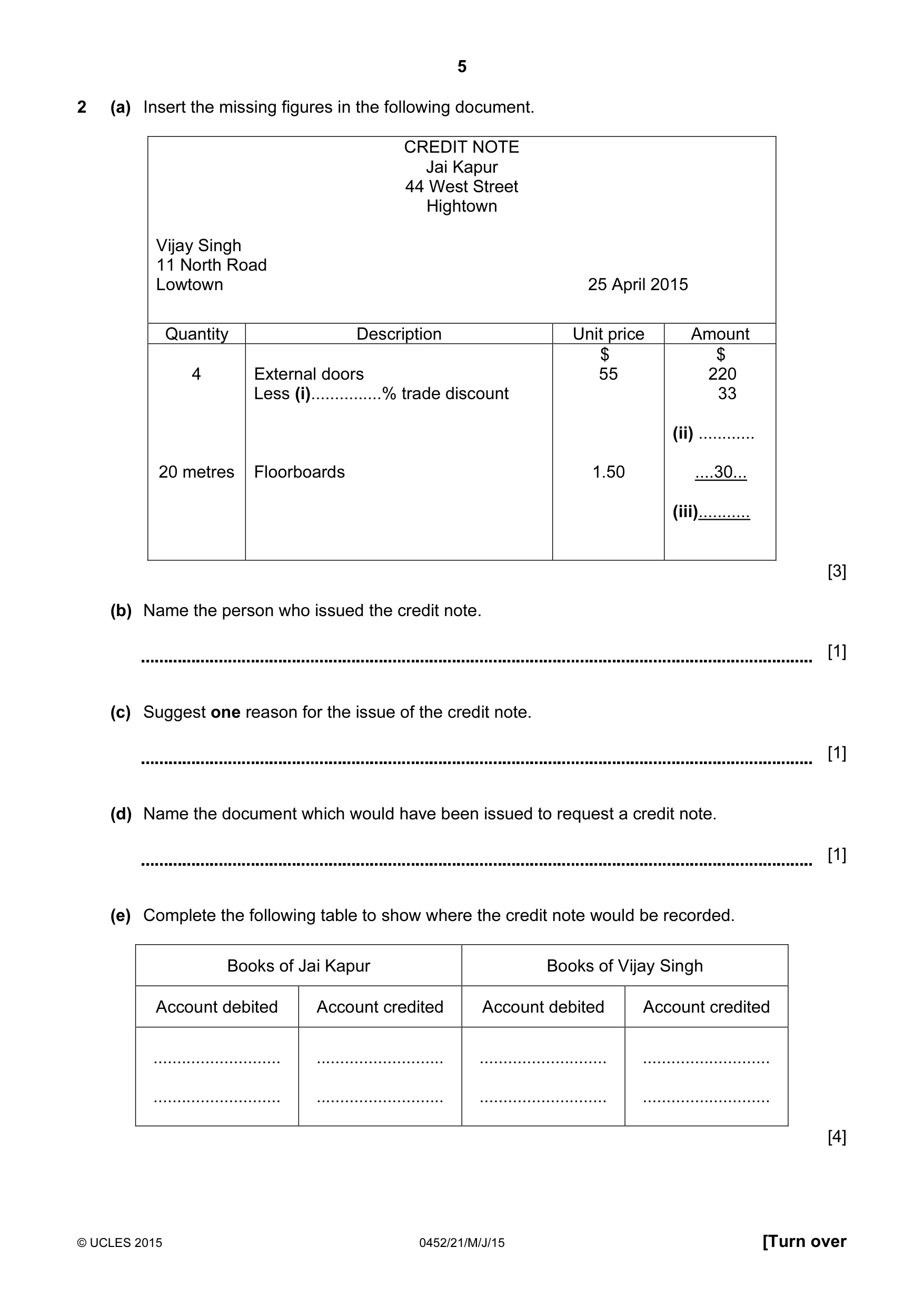 Cambridge IGCSE Accounting 0452 2015 May/June Paper 2 · Variant 1 question paper, page 5 of 20