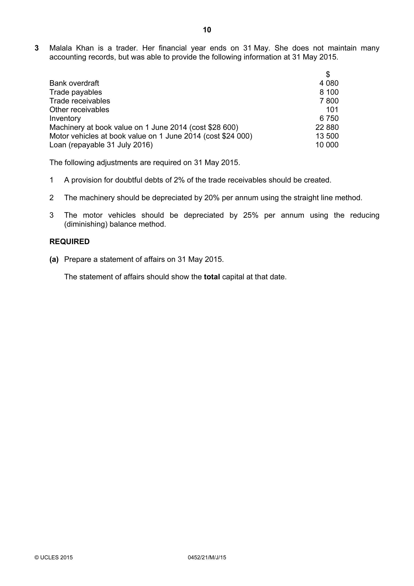 Cambridge IGCSE Accounting 0452 2015 May/June Paper 2 · Variant 1 question paper, page 10 of 20