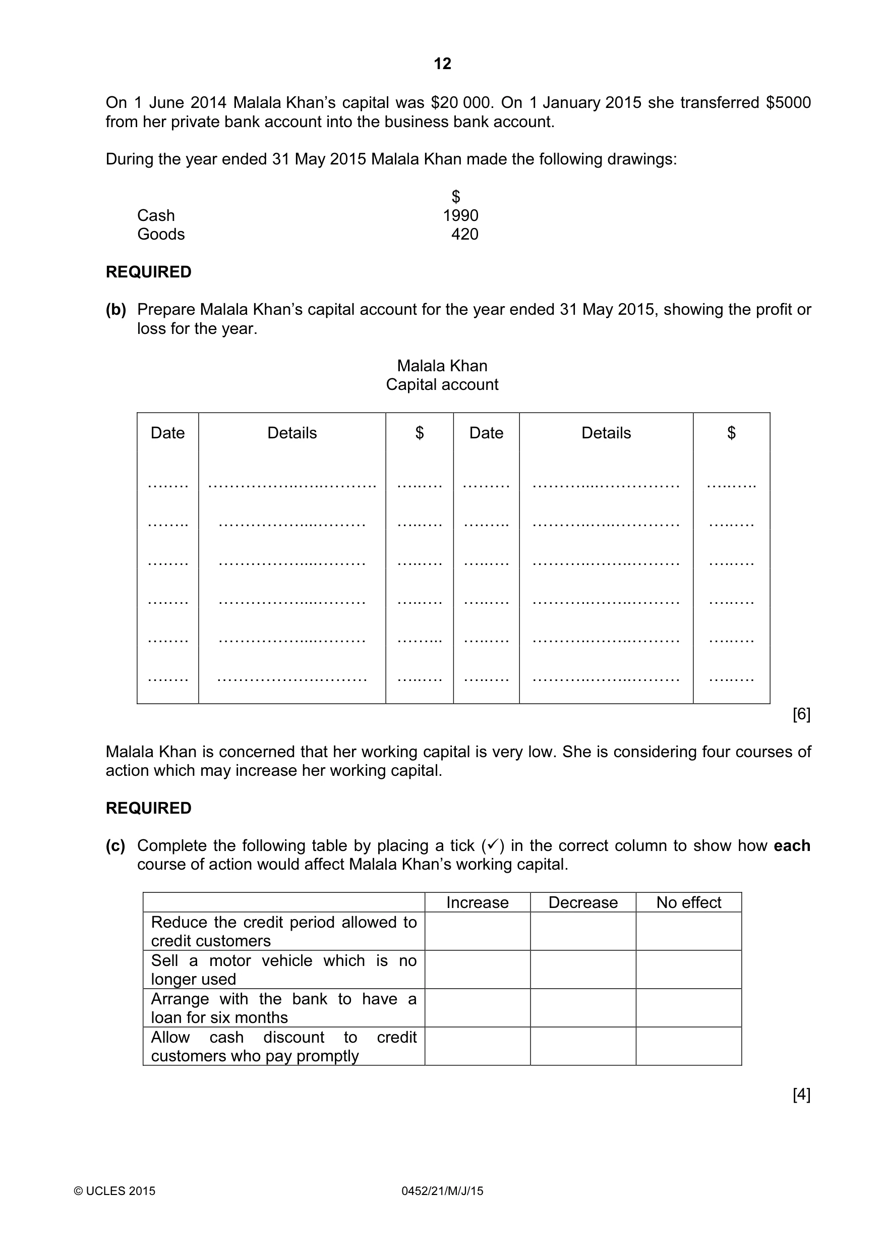Cambridge IGCSE Accounting 0452 2015 May/June Paper 2 · Variant 1 question paper, page 12 of 20
