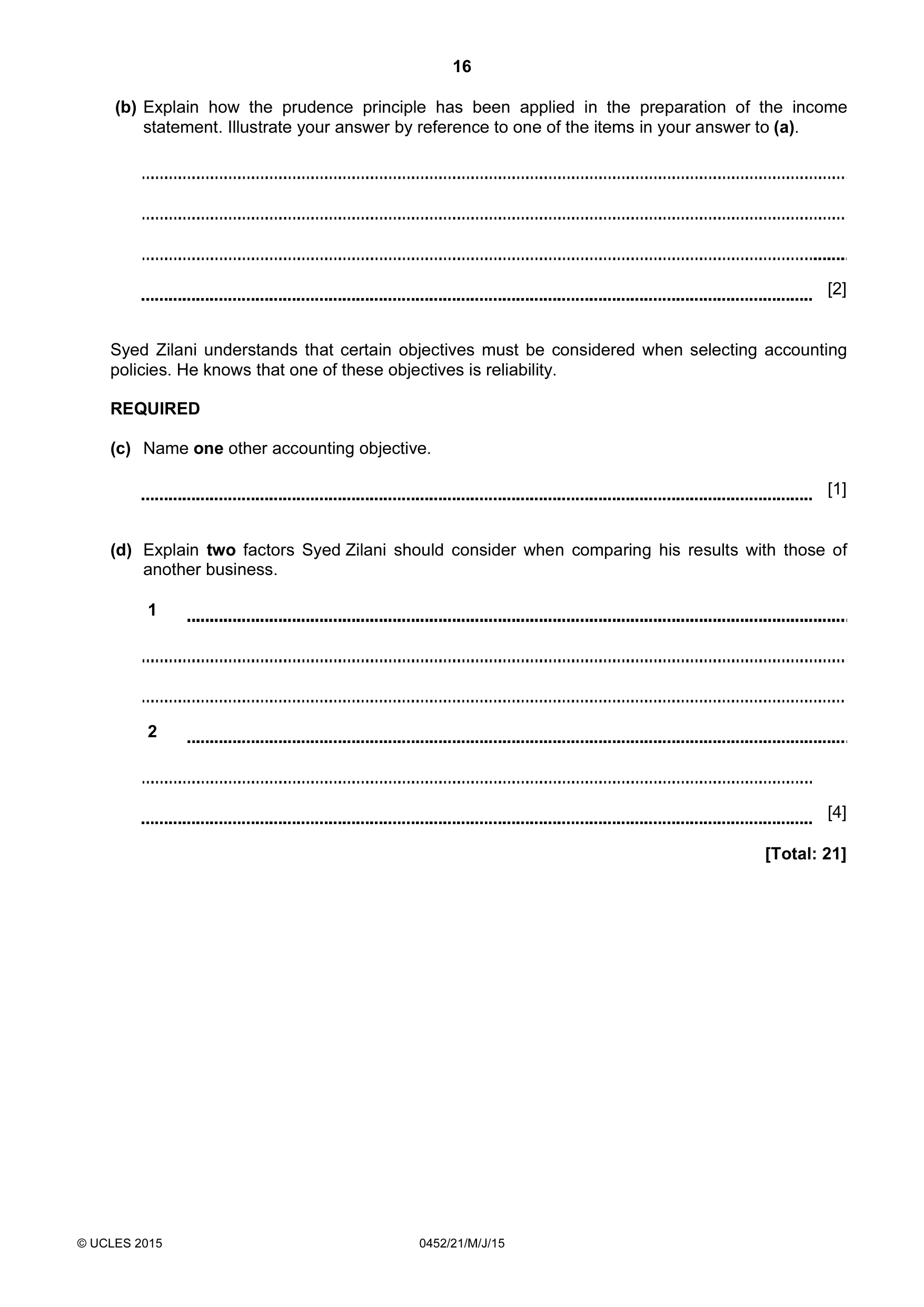 Cambridge IGCSE Accounting 0452 2015 May/June Paper 2 · Variant 1 question paper, page 16 of 20