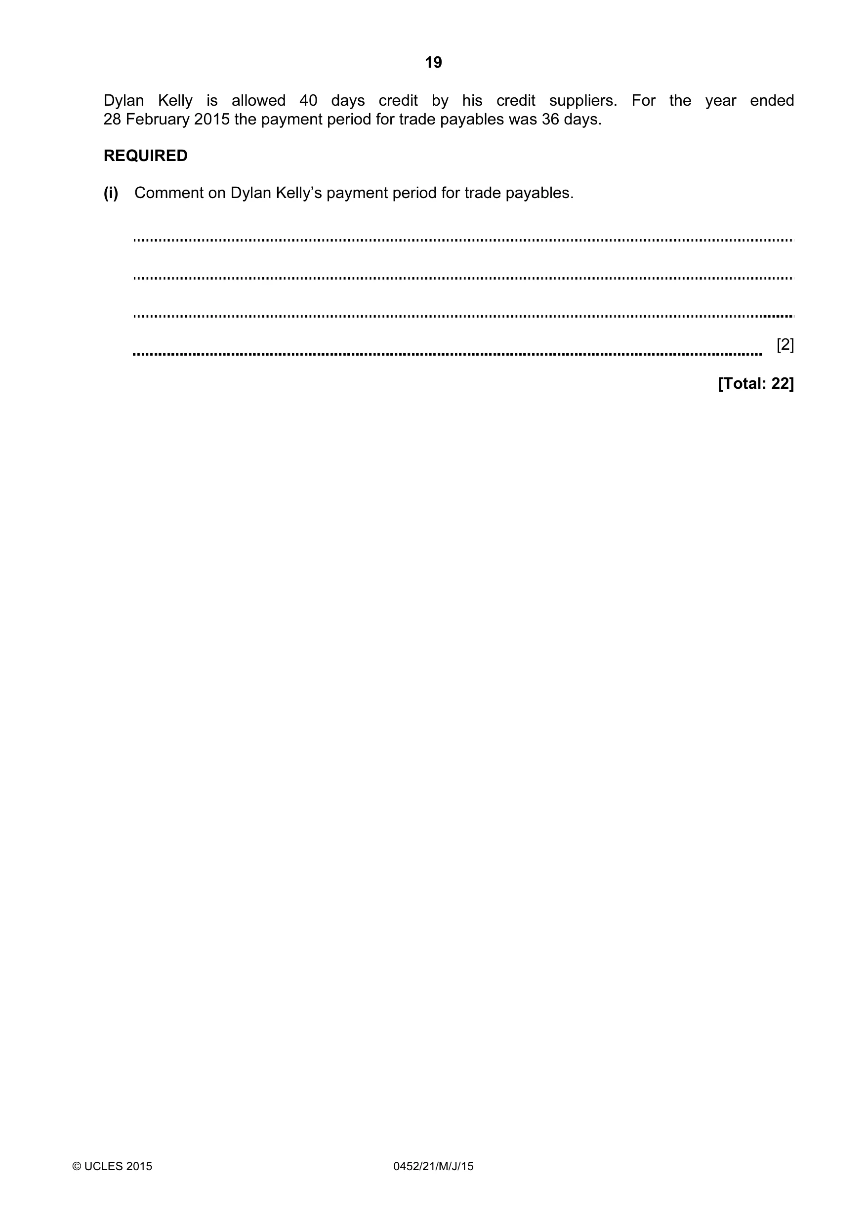 Cambridge IGCSE Accounting 0452 2015 May/June Paper 2 · Variant 1 question paper, page 19 of 20