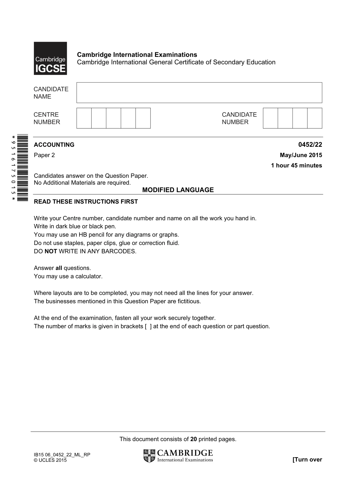 Cambridge IGCSE Accounting 0452 2015 May/June Paper 2 · Variant 2 question paper, page 1 of 20