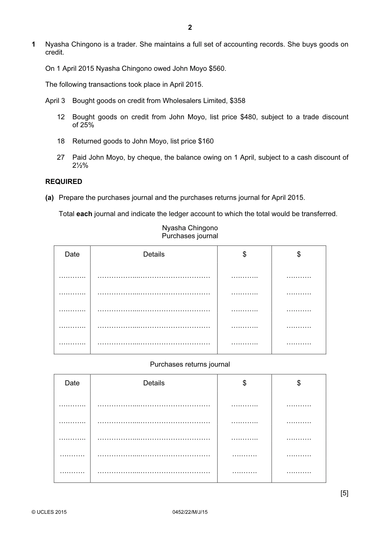 Cambridge IGCSE Accounting 0452 2015 May/June Paper 2 · Variant 2 question paper, page 2 of 20
