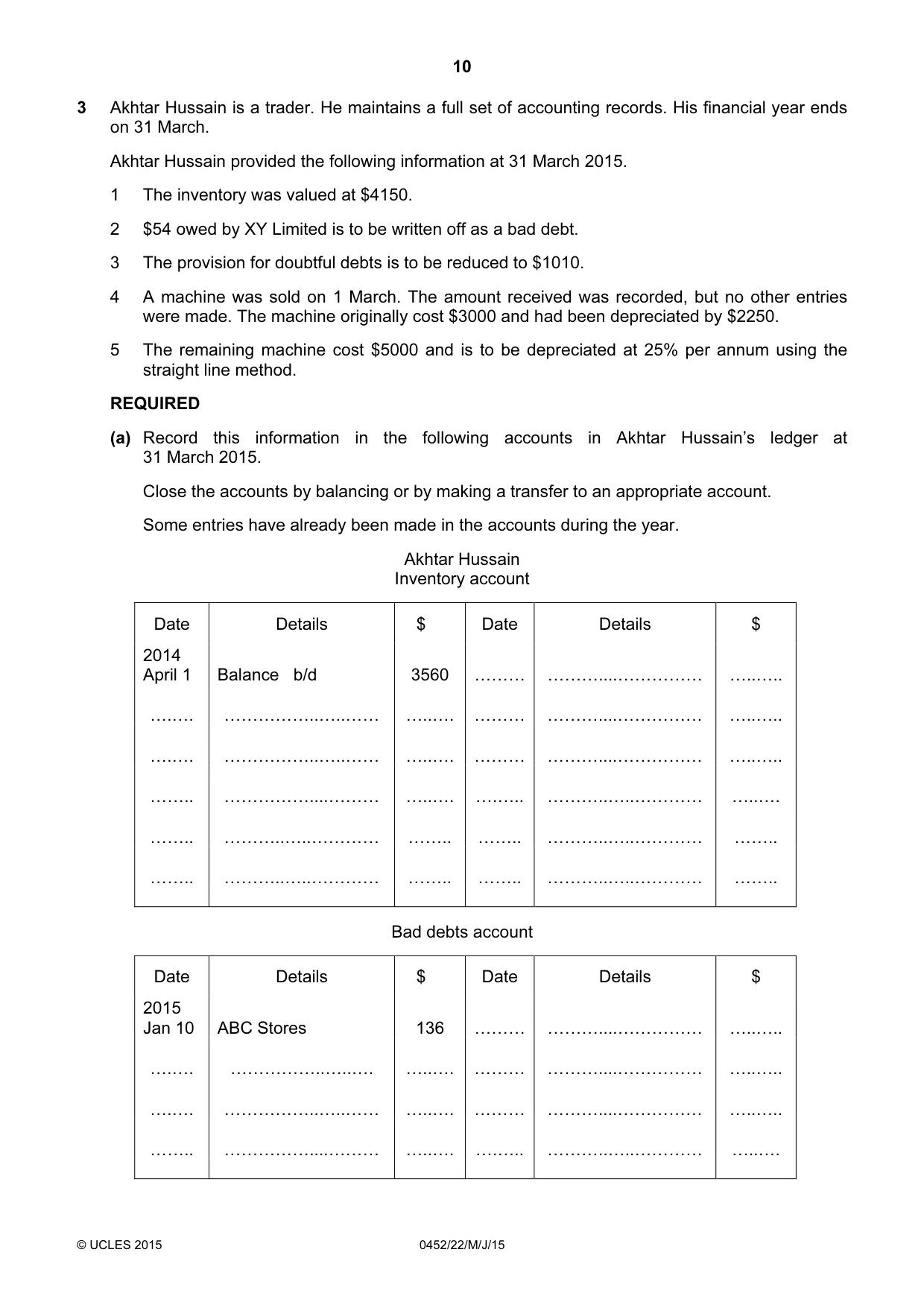 Cambridge IGCSE Accounting 0452 2015 May/June Paper 2 · Variant 2 question paper, page 10 of 20