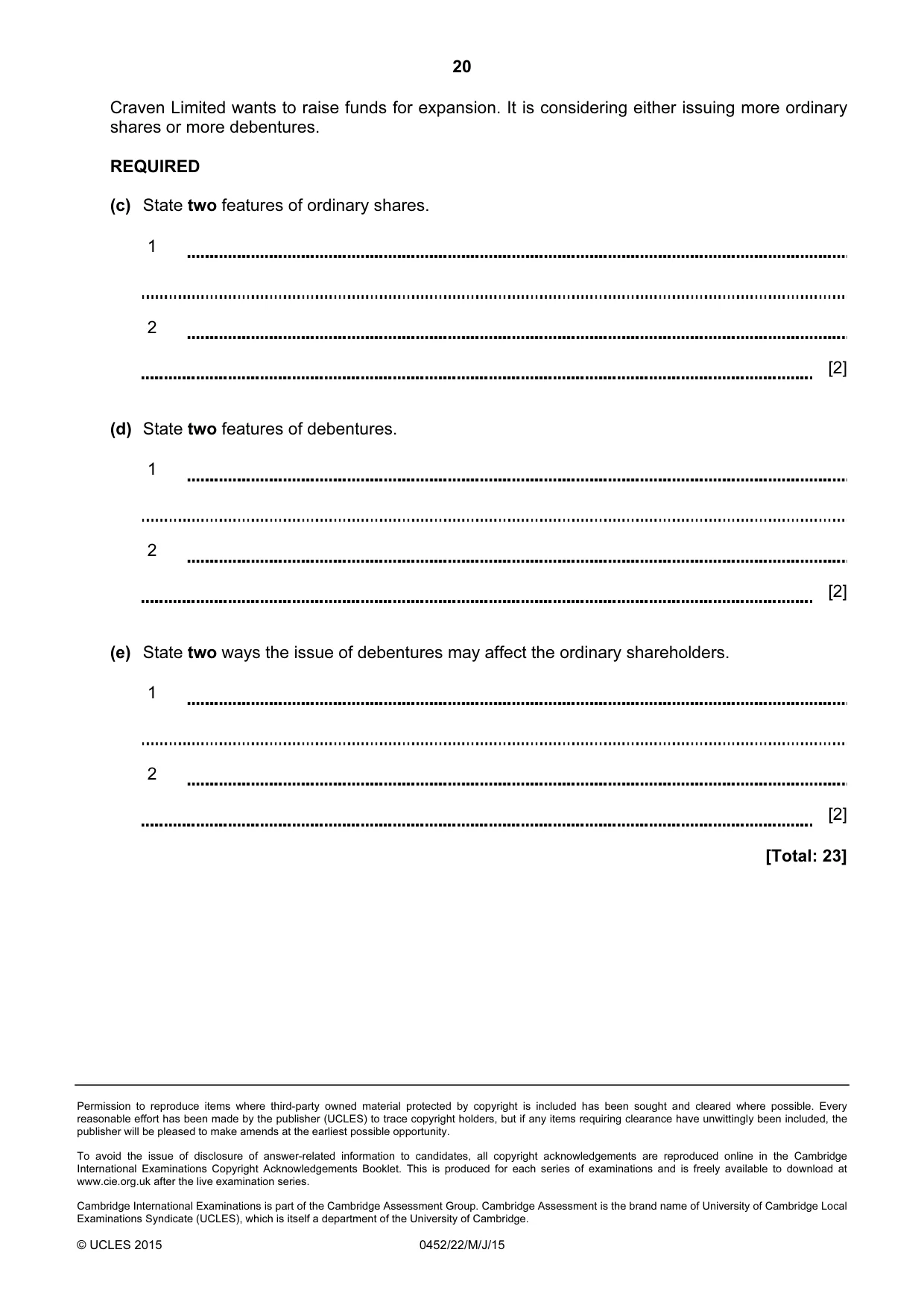 Cambridge IGCSE Accounting 0452 2015 May/June Paper 2 · Variant 2 question paper, page 20 of 20