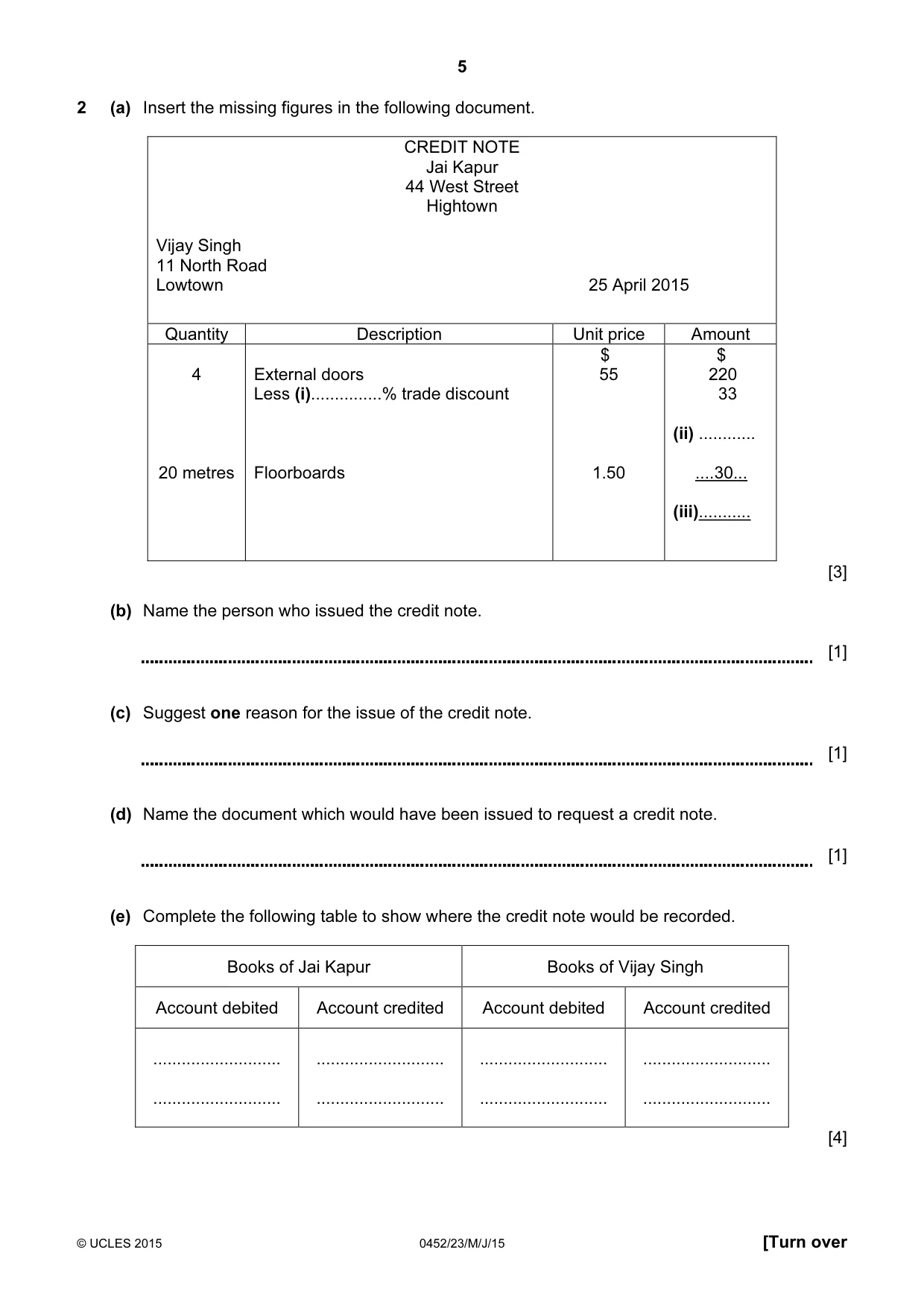 Cambridge IGCSE Accounting 0452 2015 May/June Paper 2 · Variant 3 question paper, page 5 of 20