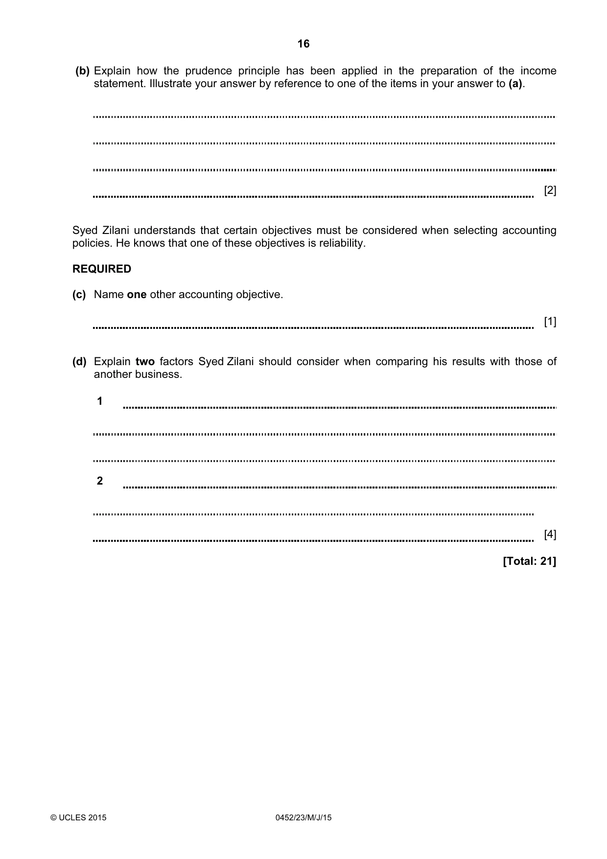 Cambridge IGCSE Accounting 0452 2015 May/June Paper 2 · Variant 3 question paper, page 16 of 20