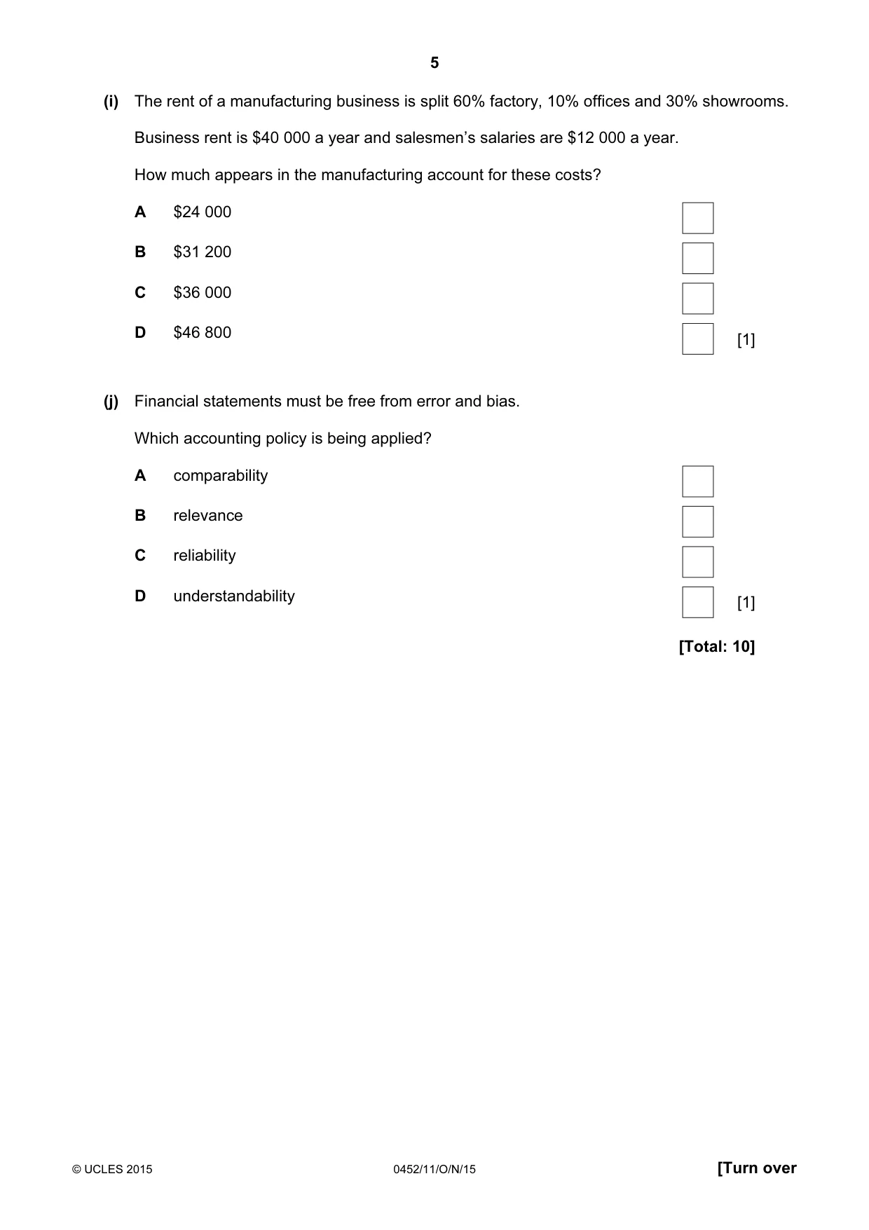 Cambridge IGCSE Accounting 0452 2015 Oct/Nov Paper 1 · Variant 1 question paper, page 5 of 20