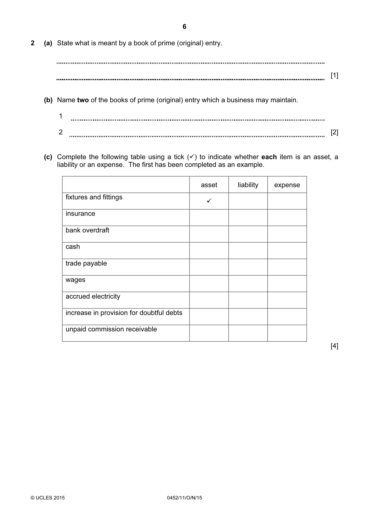 Cambridge IGCSE Accounting 0452 2015 Oct/Nov Paper 1 · Variant 1 question paper, page 6 of 20