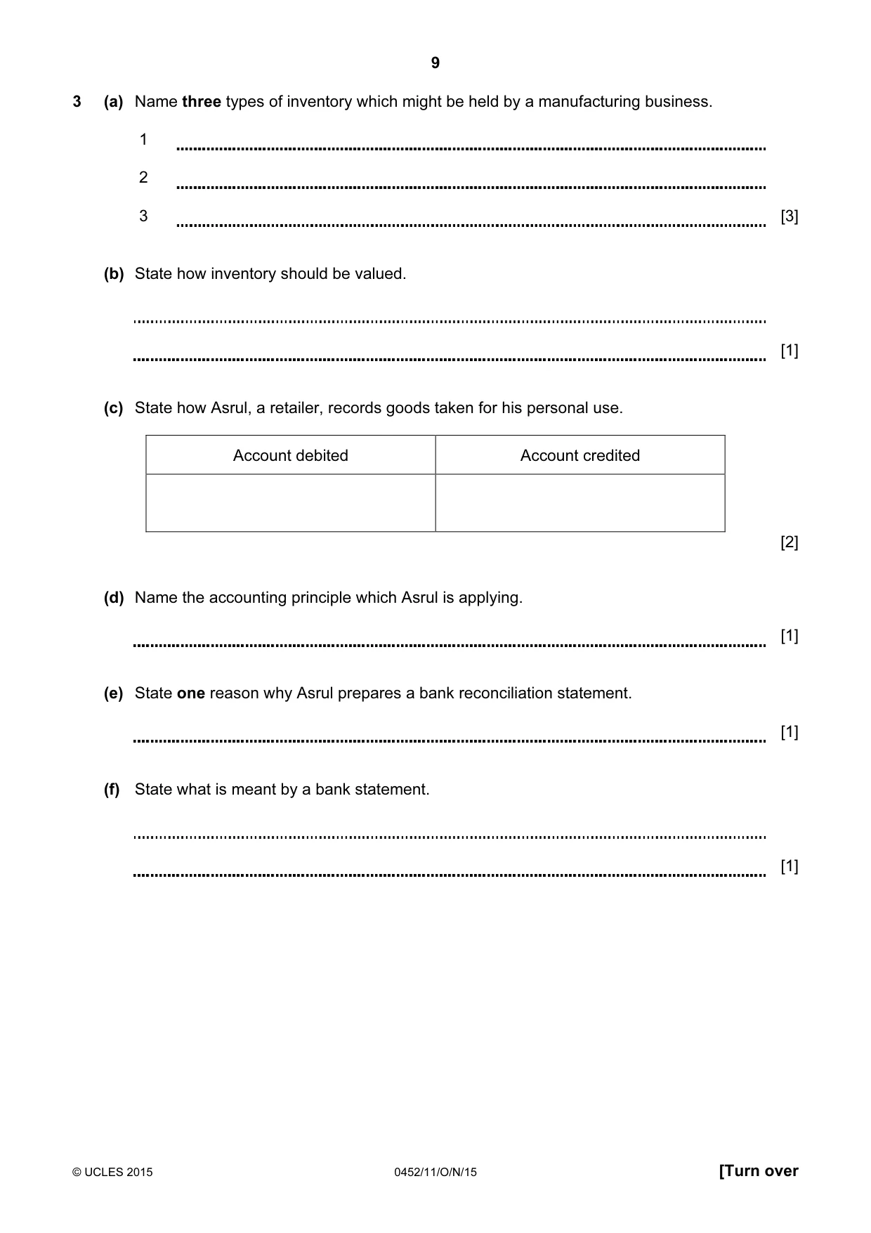 Cambridge IGCSE Accounting 0452 2015 Oct/Nov Paper 1 · Variant 1 question paper, page 9 of 20