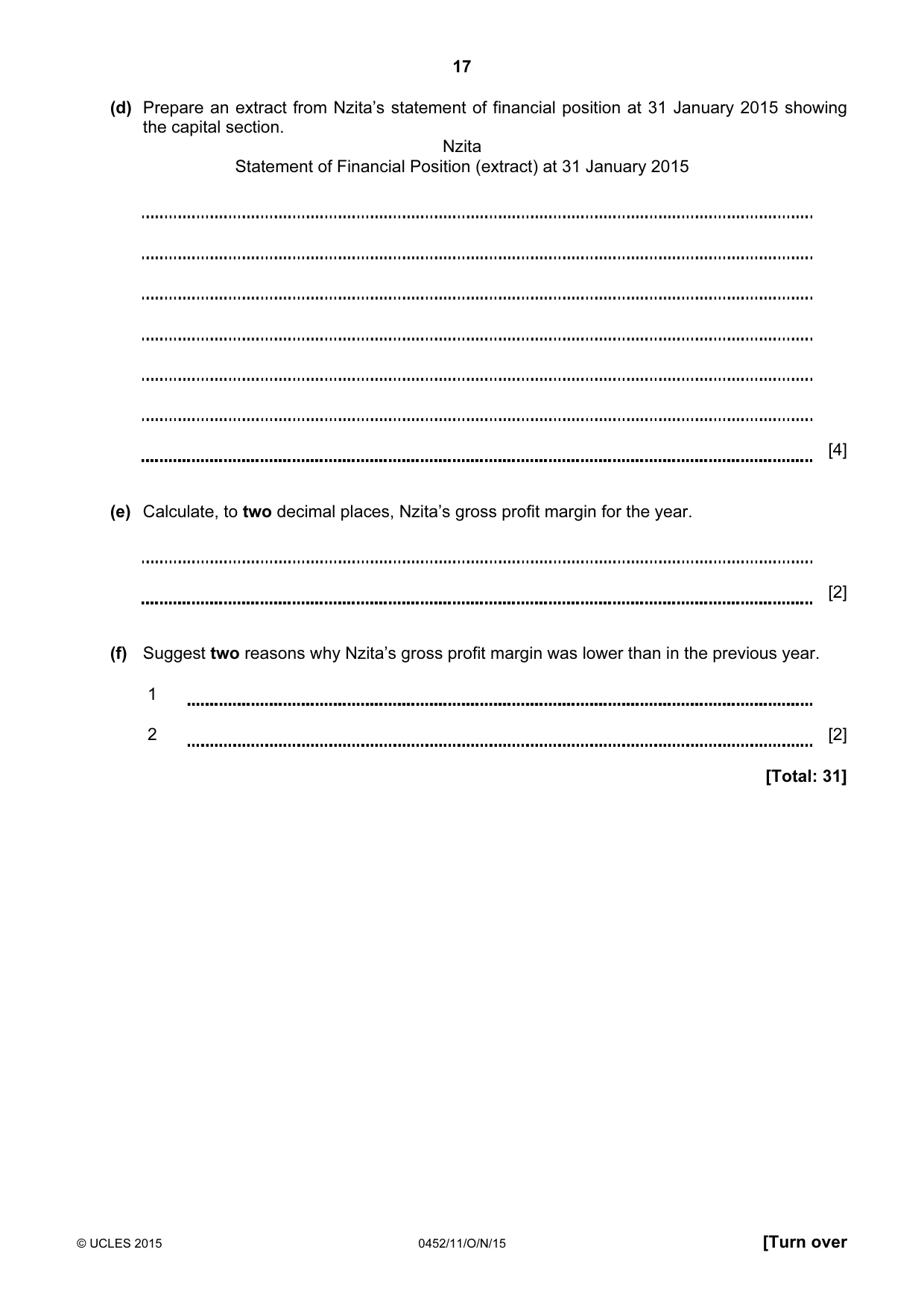 Cambridge IGCSE Accounting 0452 2015 Oct/Nov Paper 1 · Variant 1 question paper, page 17 of 20