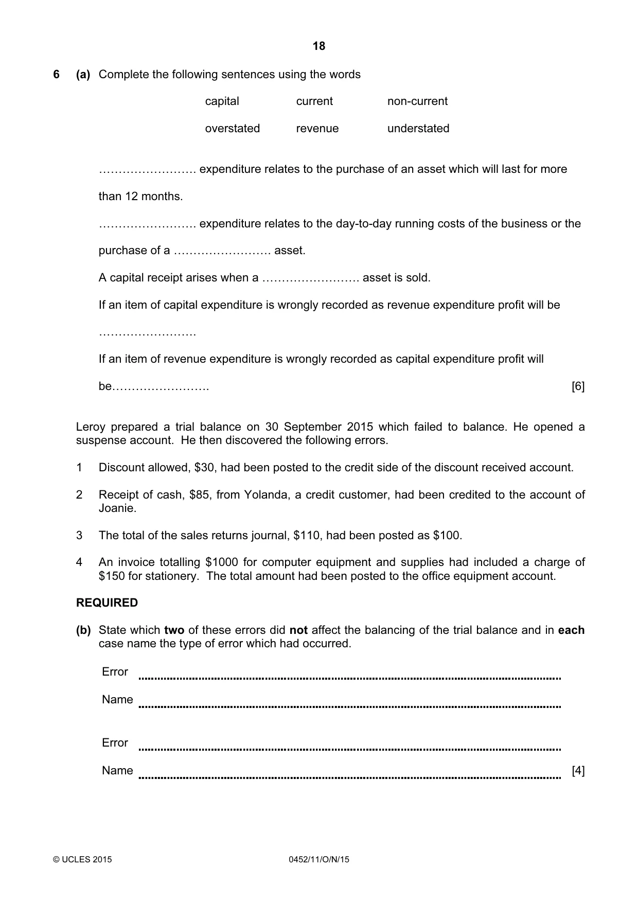 Cambridge IGCSE Accounting 0452 2015 Oct/Nov Paper 1 · Variant 1 question paper, page 18 of 20