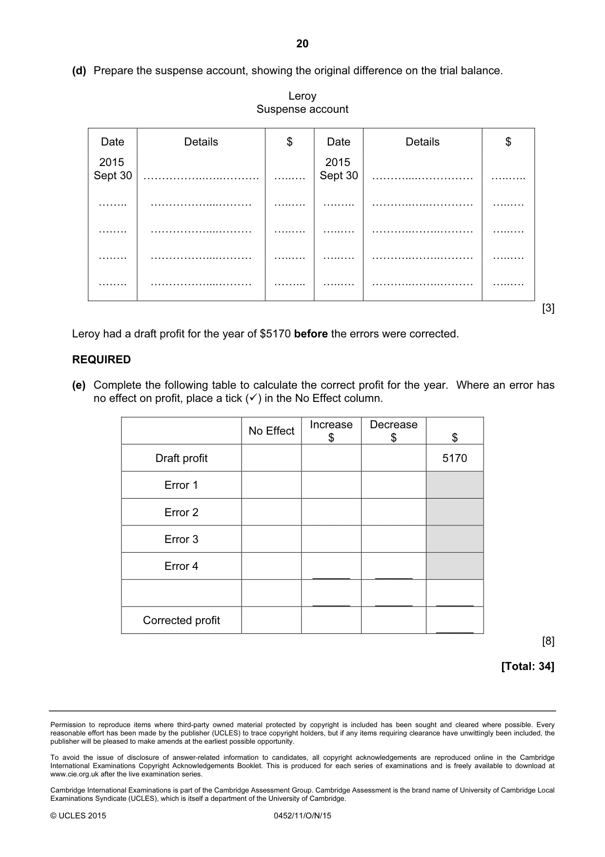 Cambridge IGCSE Accounting 0452 2015 Oct/Nov Paper 1 · Variant 1 question paper, page 20 of 20