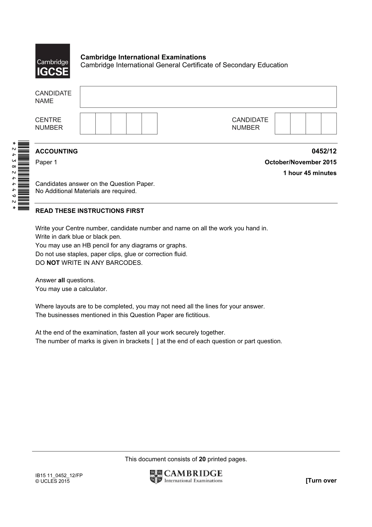 Cambridge IGCSE Accounting 0452 2015 Oct/Nov Paper 1 · Variant 2 question paper, page 1 of 20