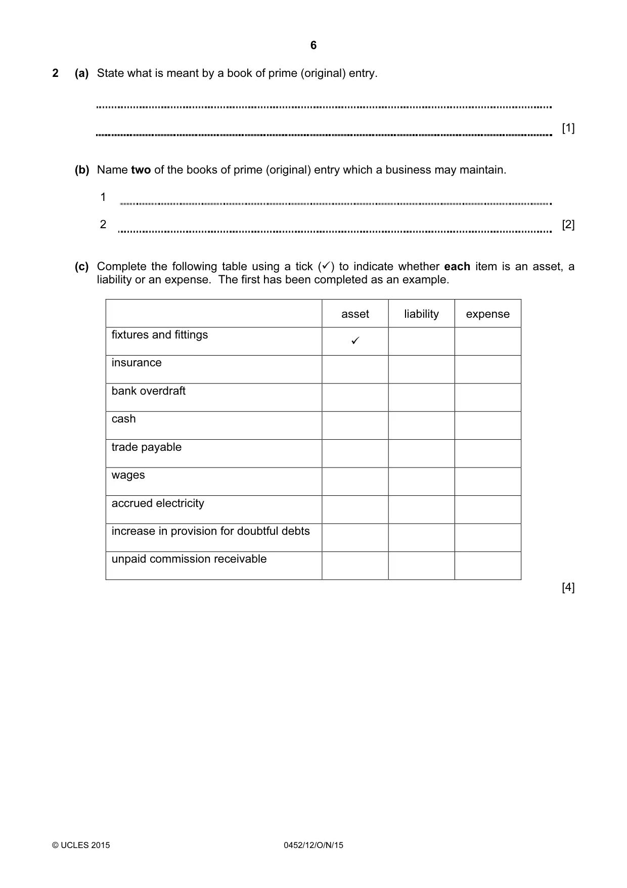 Cambridge IGCSE Accounting 0452 2015 Oct/Nov Paper 1 · Variant 2 question paper, page 6 of 20