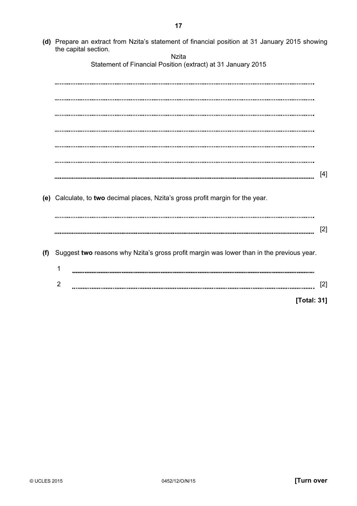 Cambridge IGCSE Accounting 0452 2015 Oct/Nov Paper 1 · Variant 2 question paper, page 17 of 20