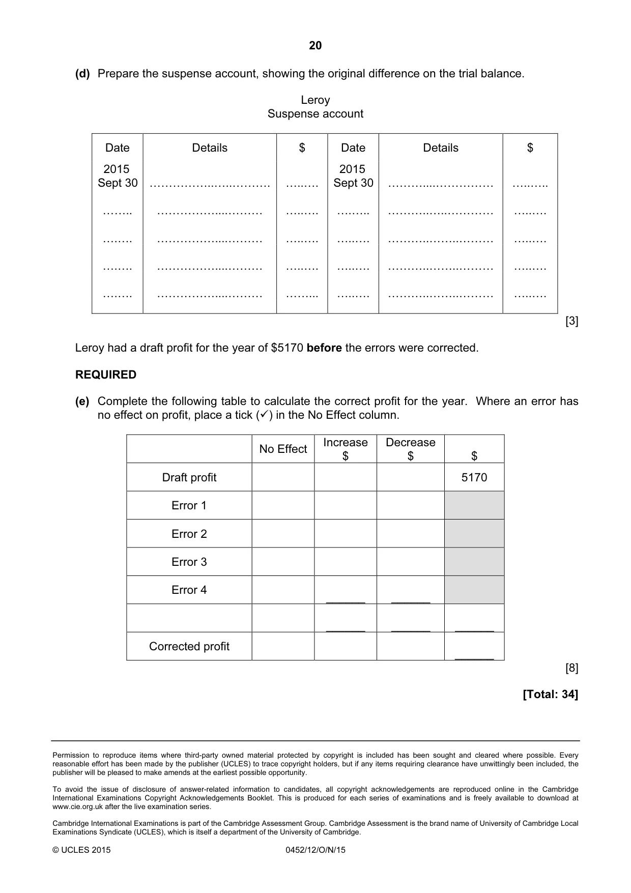 Cambridge IGCSE Accounting 0452 2015 Oct/Nov Paper 1 · Variant 2 question paper, page 20 of 20