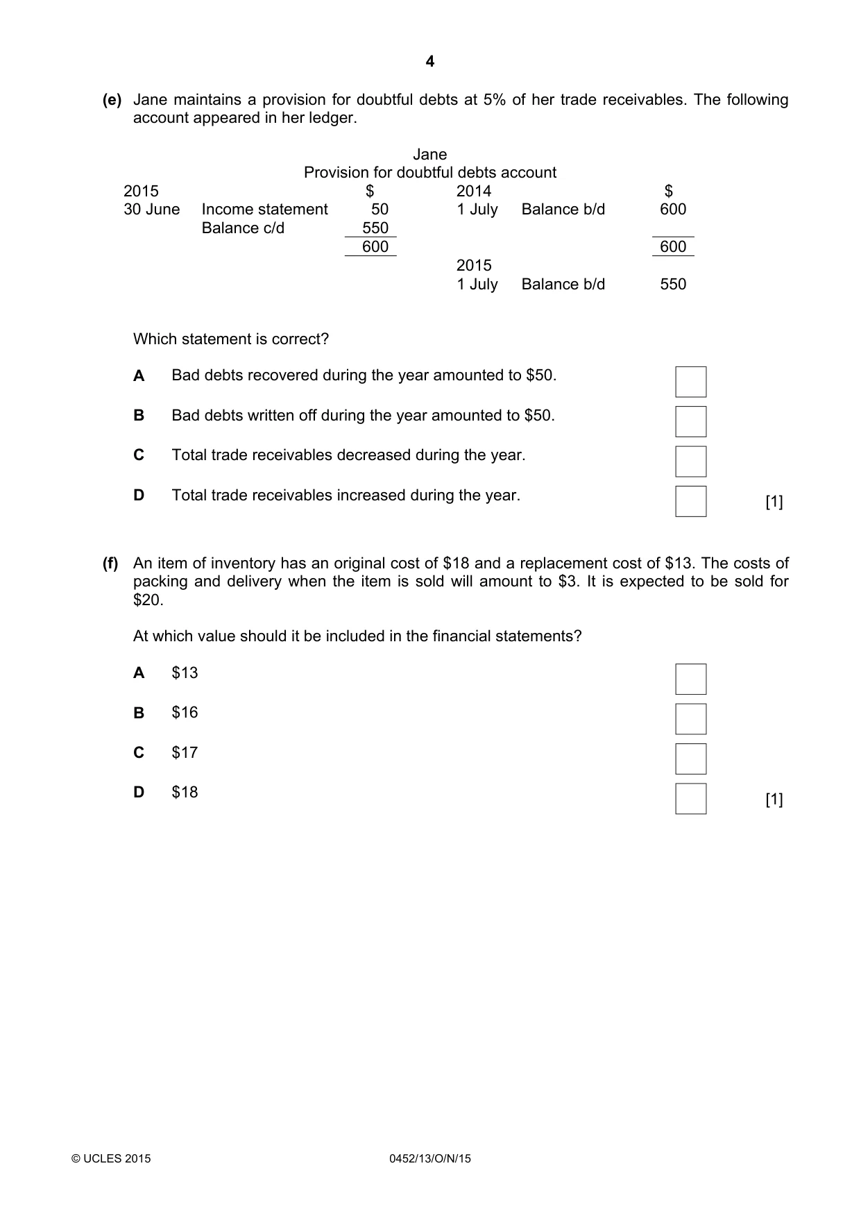 Cambridge IGCSE Accounting 0452 2015 Oct/Nov Paper 1 · Variant 3 question paper, page 4 of 24